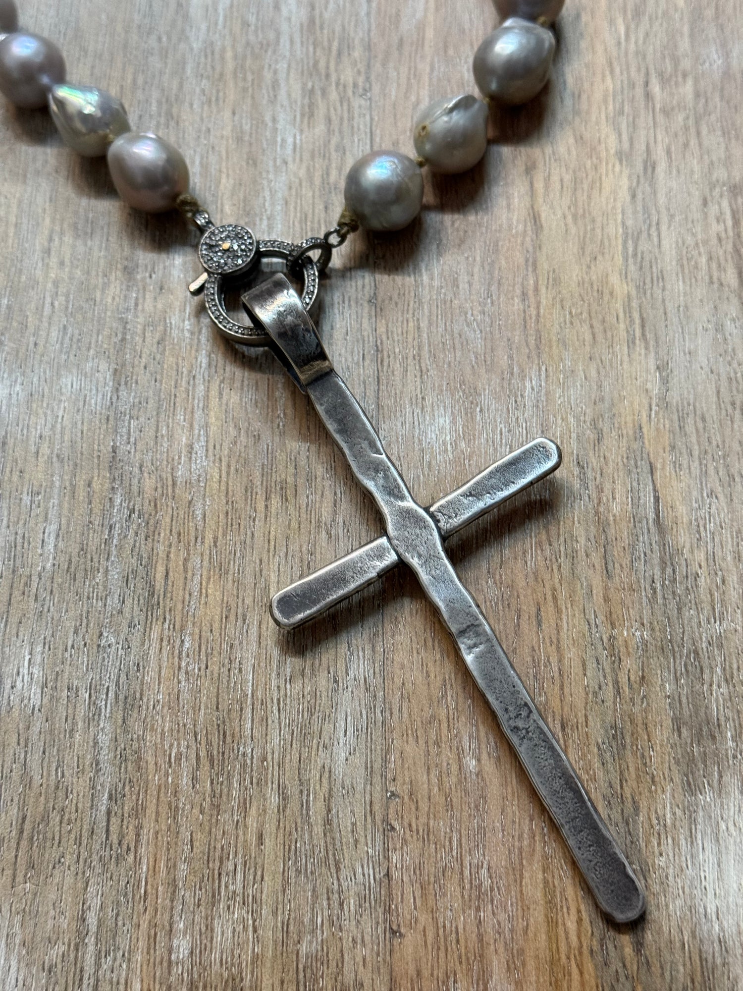 Large Silver Cross on Pearls Necklace