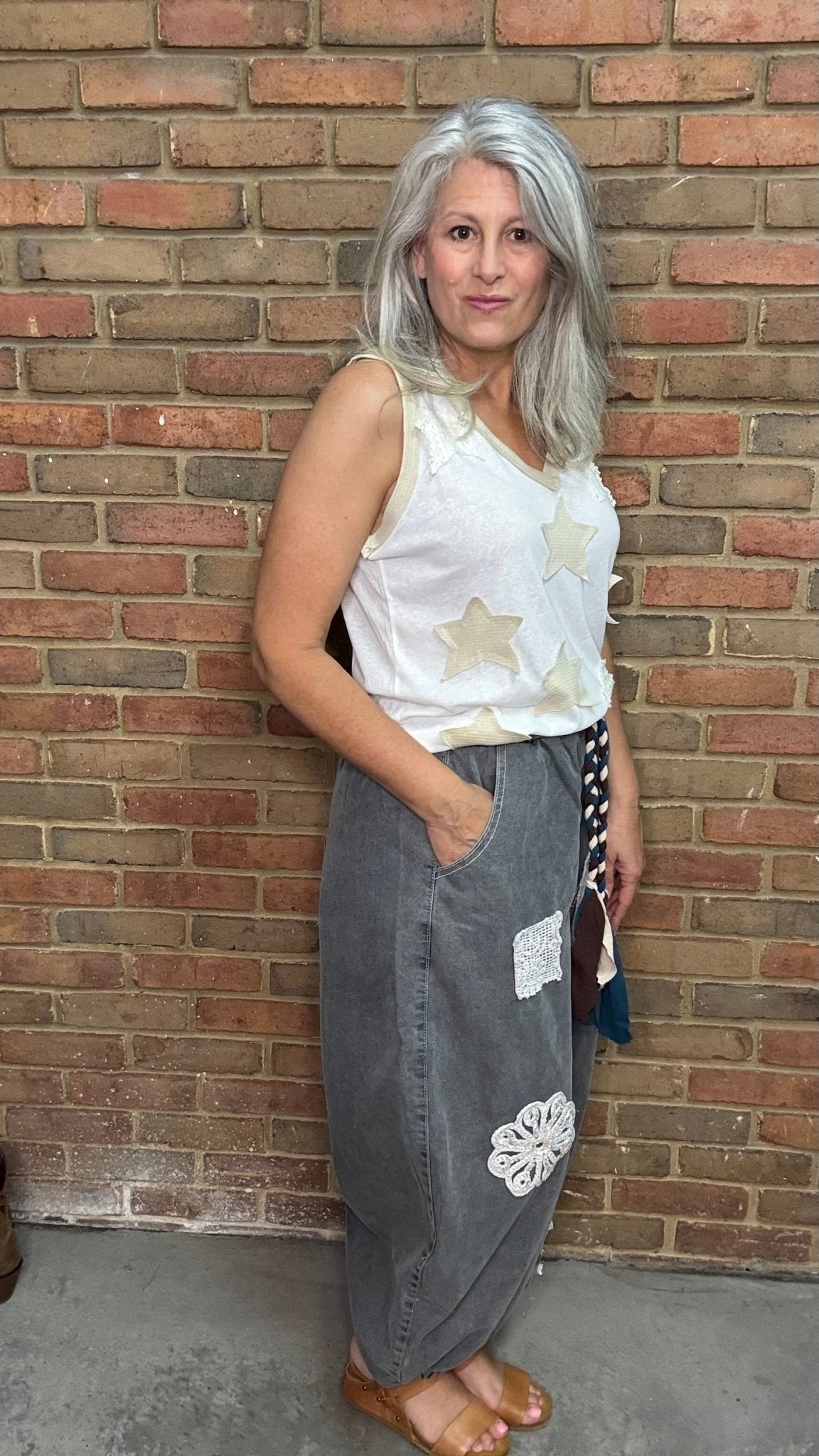 Charcoal Peace Applique Pant - Vintage Vault Boutique