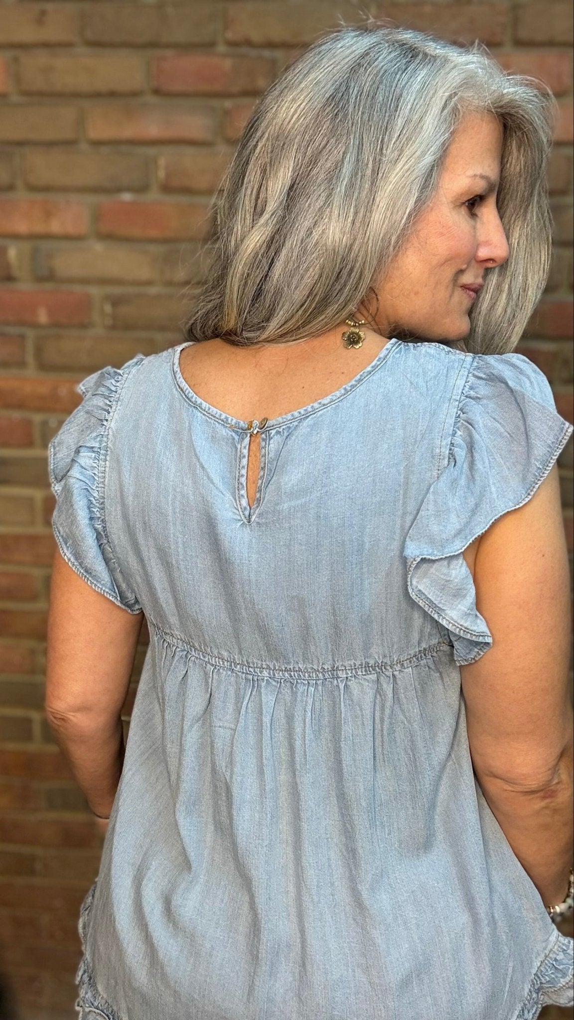Ruffle Accent Chambray Top - Vintage Vault Boutique