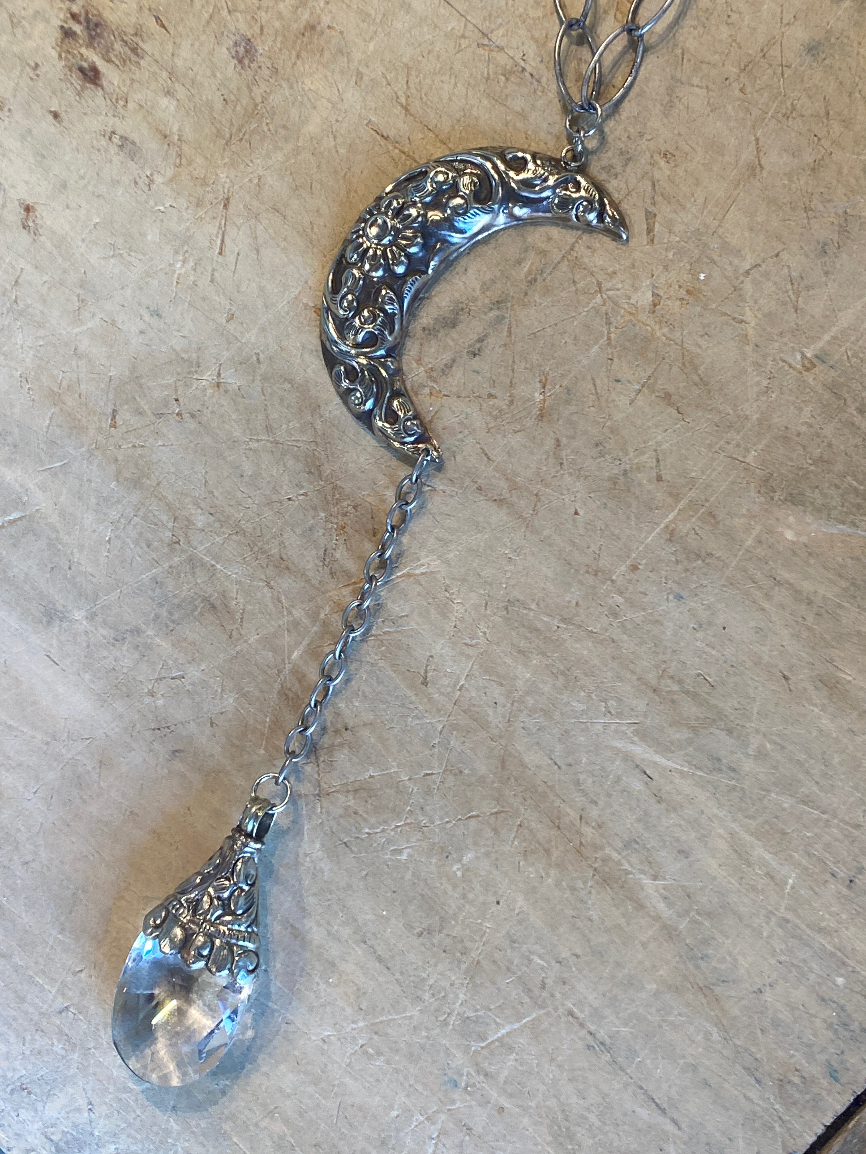 Silver Moon with Crystal Drop Necklace