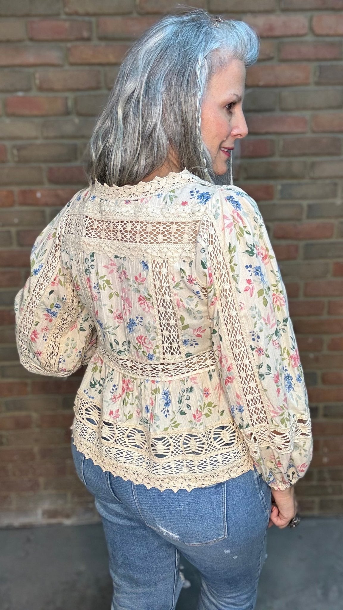 Long Sleeve Floral and Lace Tie Top - Vintage Vault Boutique