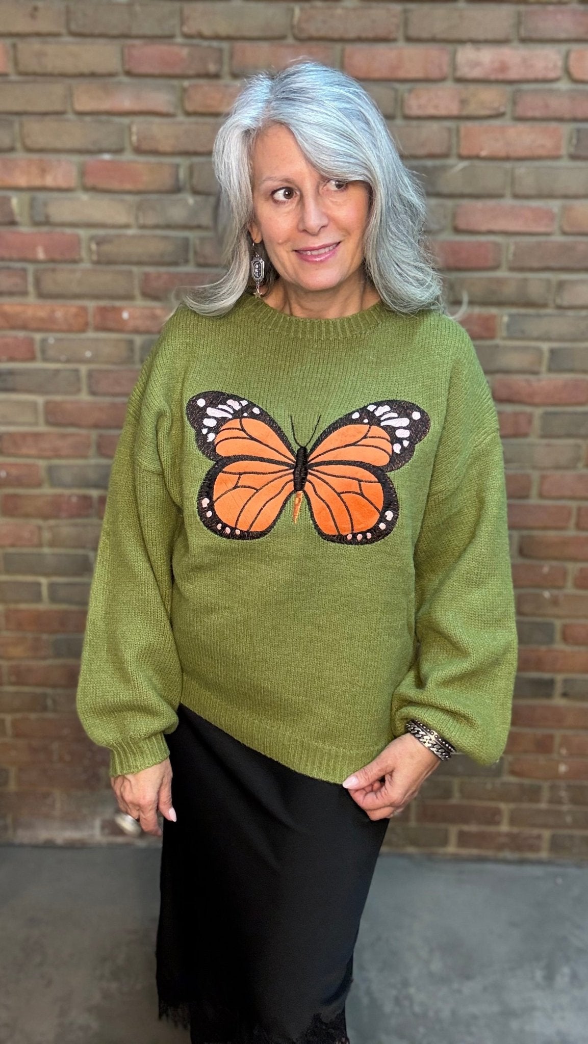 Monarch Butterfly on Green Sweater - Vintage Vault Boutique