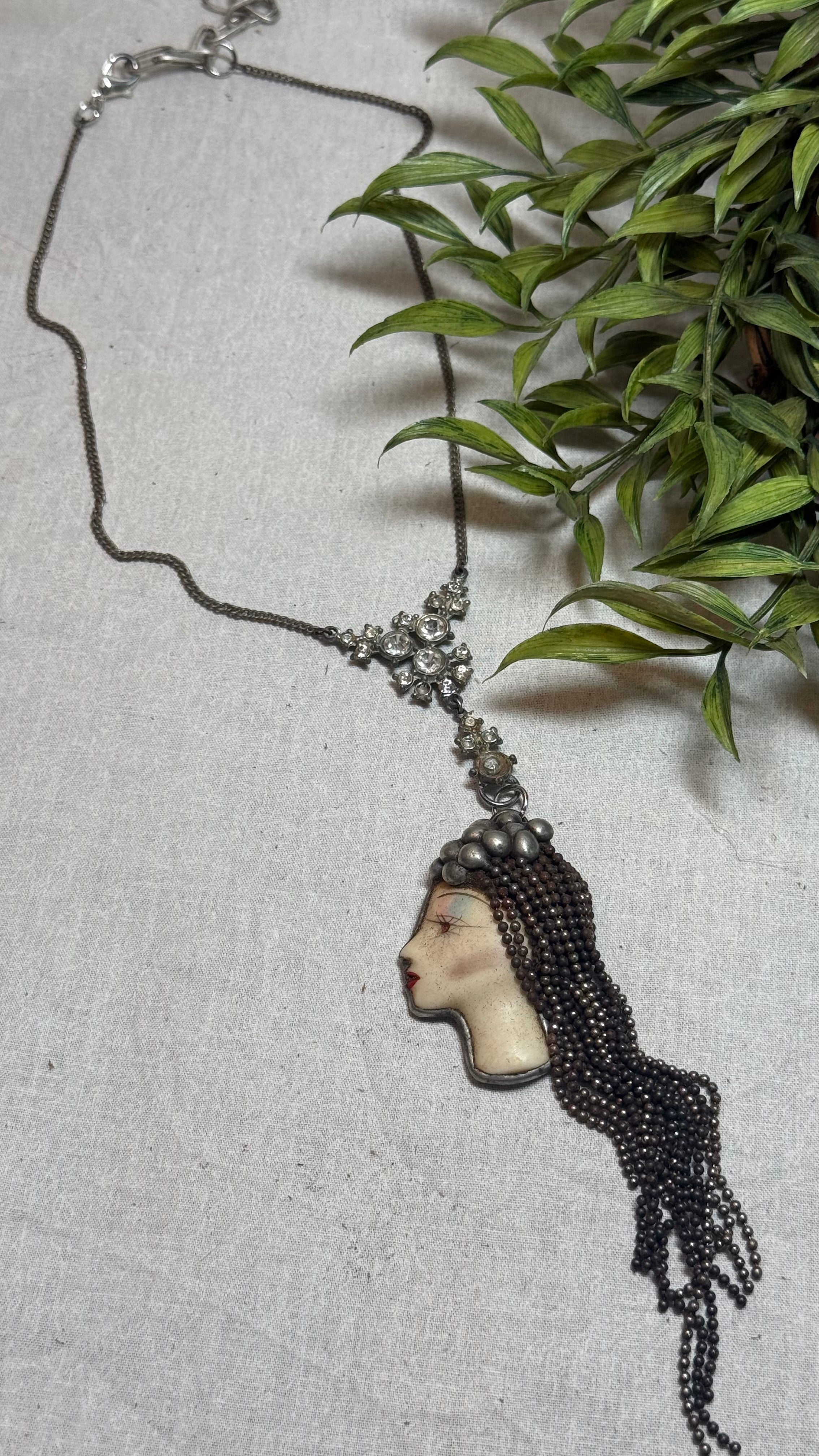 Vintage Face on Crystal Necklace