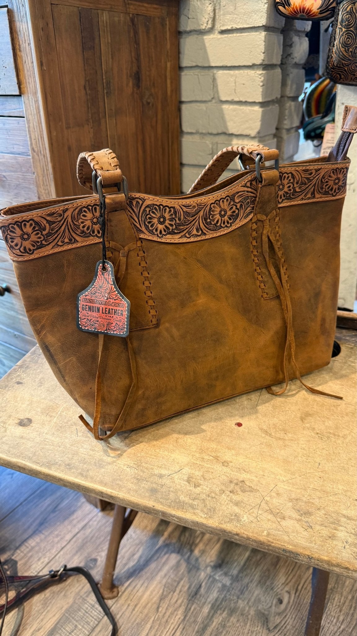 Brown Leather with Tooled Accents Handbag - Vintage Vault Boutique