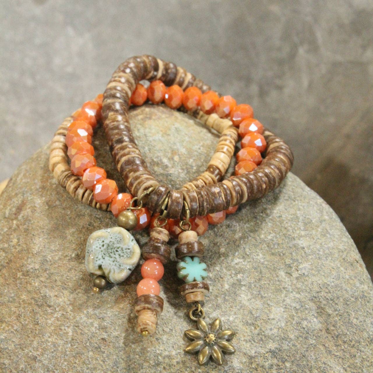 Flower & Stone Drop Layered Bead & Czech Stretch Bracelets - Vintage Vault Boutique