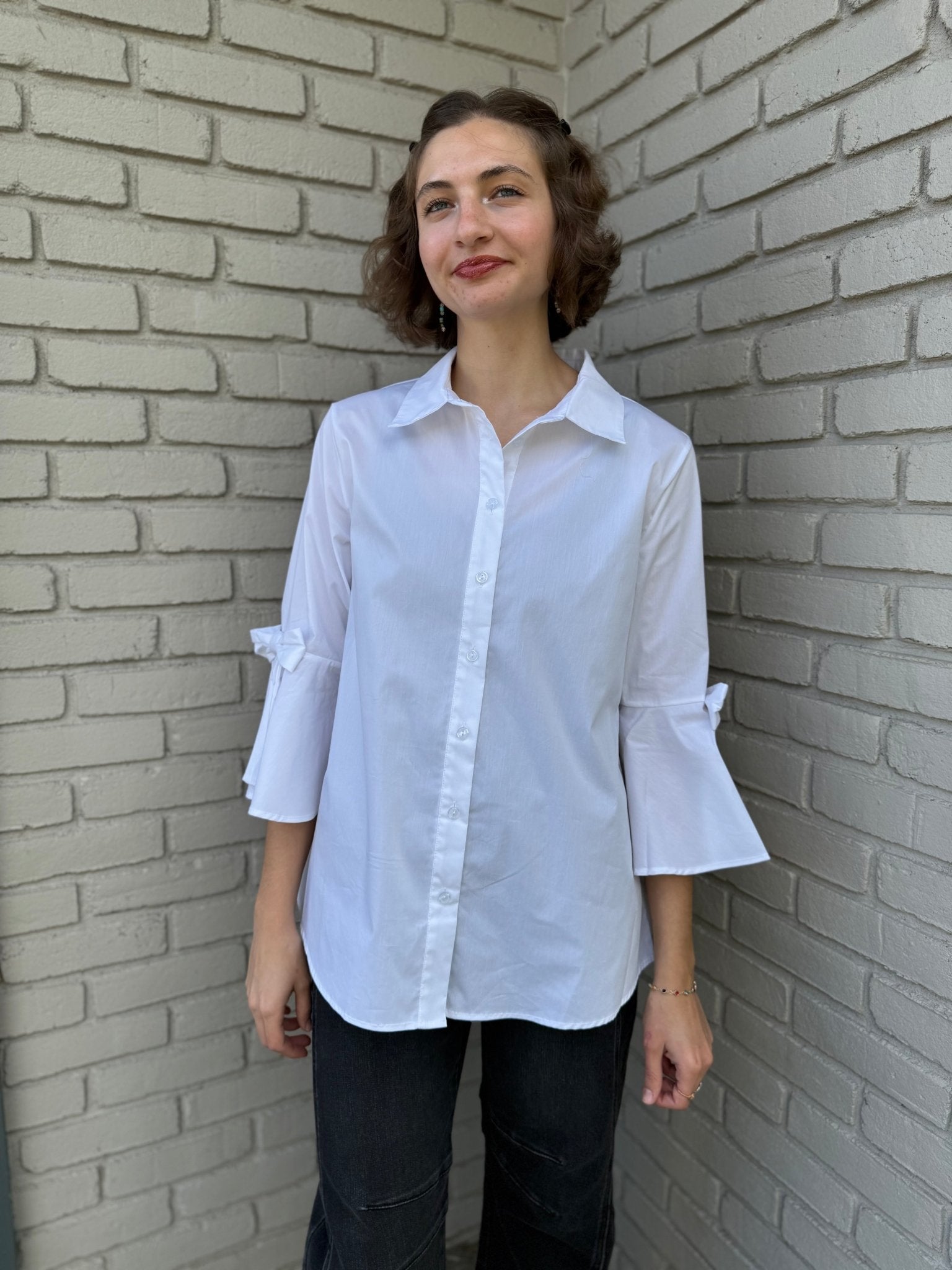 White Shirt with Bow Accent - Vintage Vault Boutique