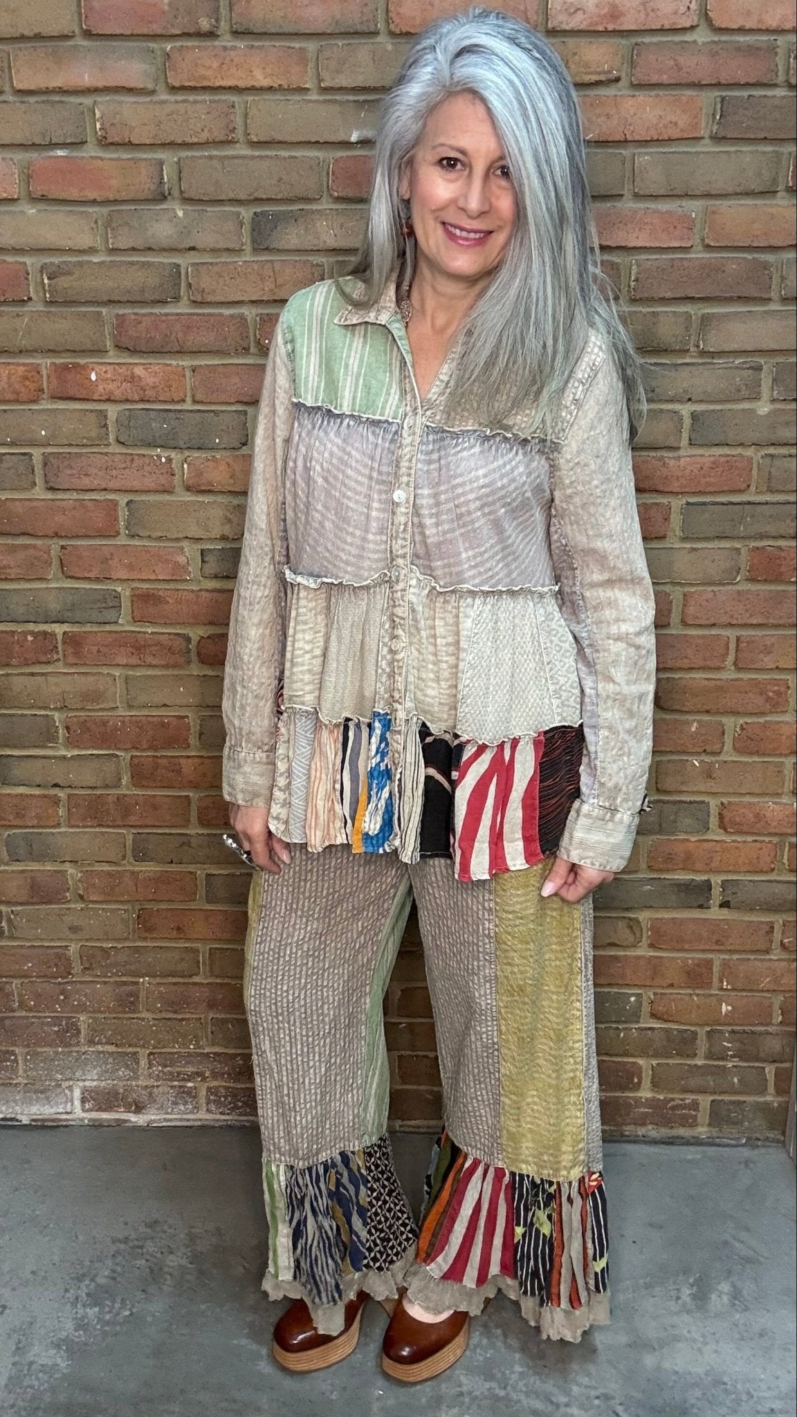 Sand Tiered Patchwork Shirt - Vintage Vault Boutique