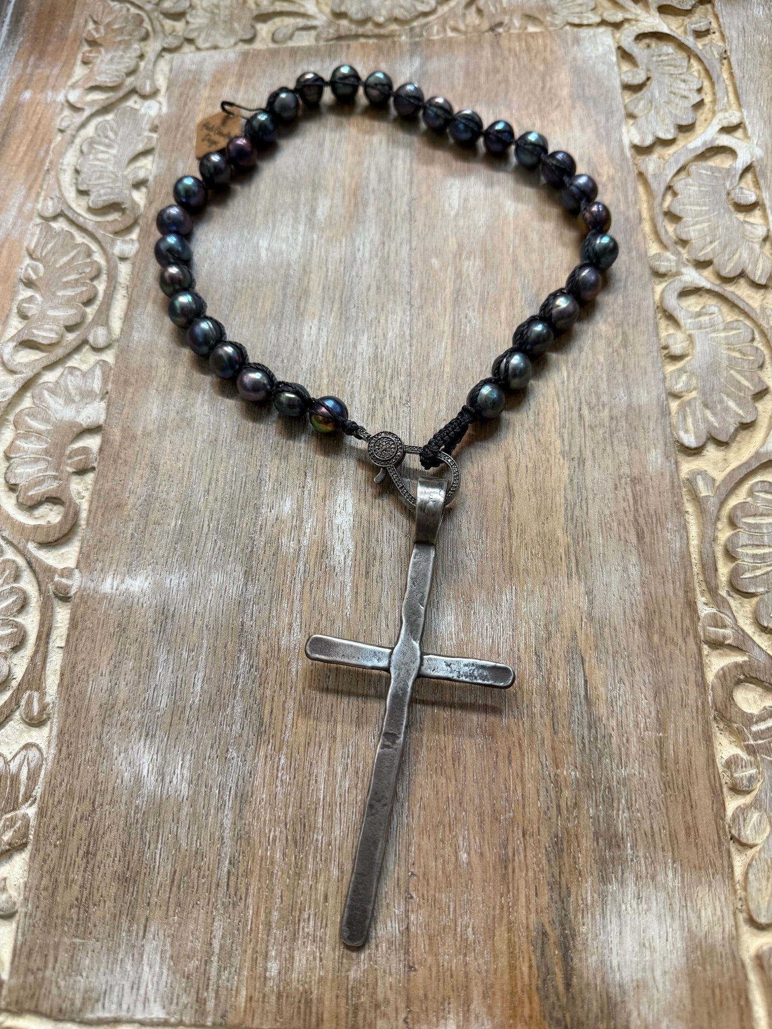 Large Silver Cross on Peacock Pearls Necklace
