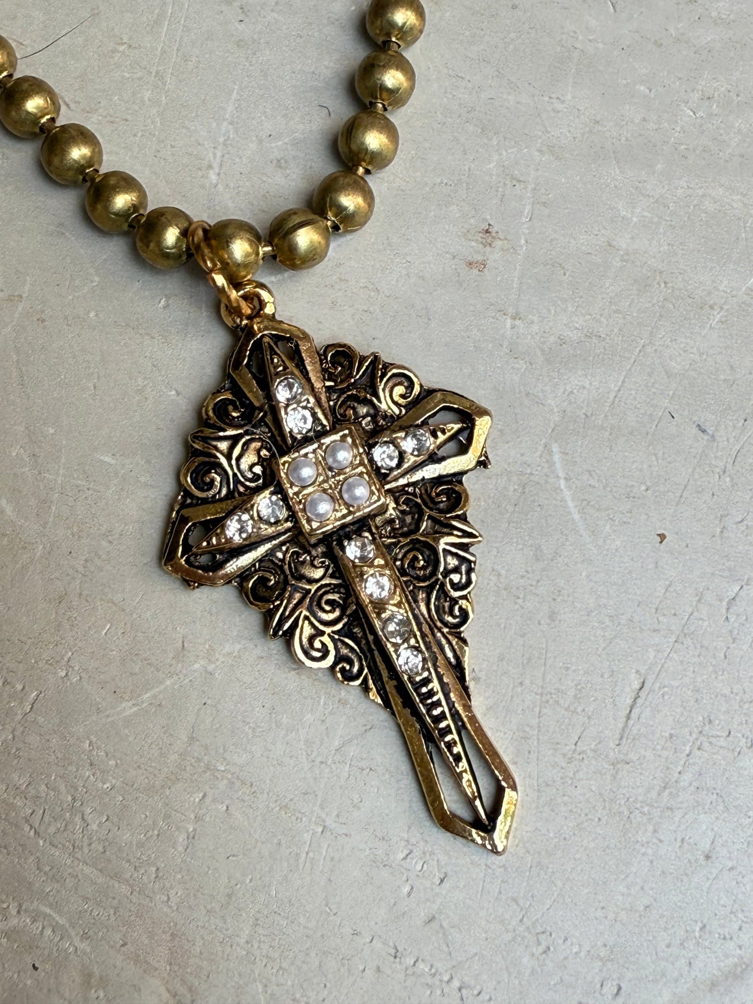 EKD Gold Pearl & Crystal Cross Necklace