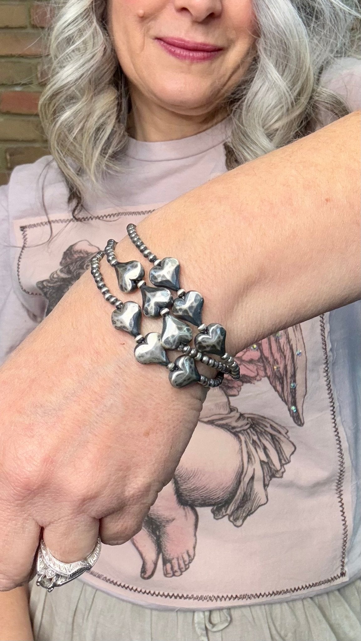 Triple Heart with Desert Pearl Stretch Bracelet - Vintage Vault Boutique