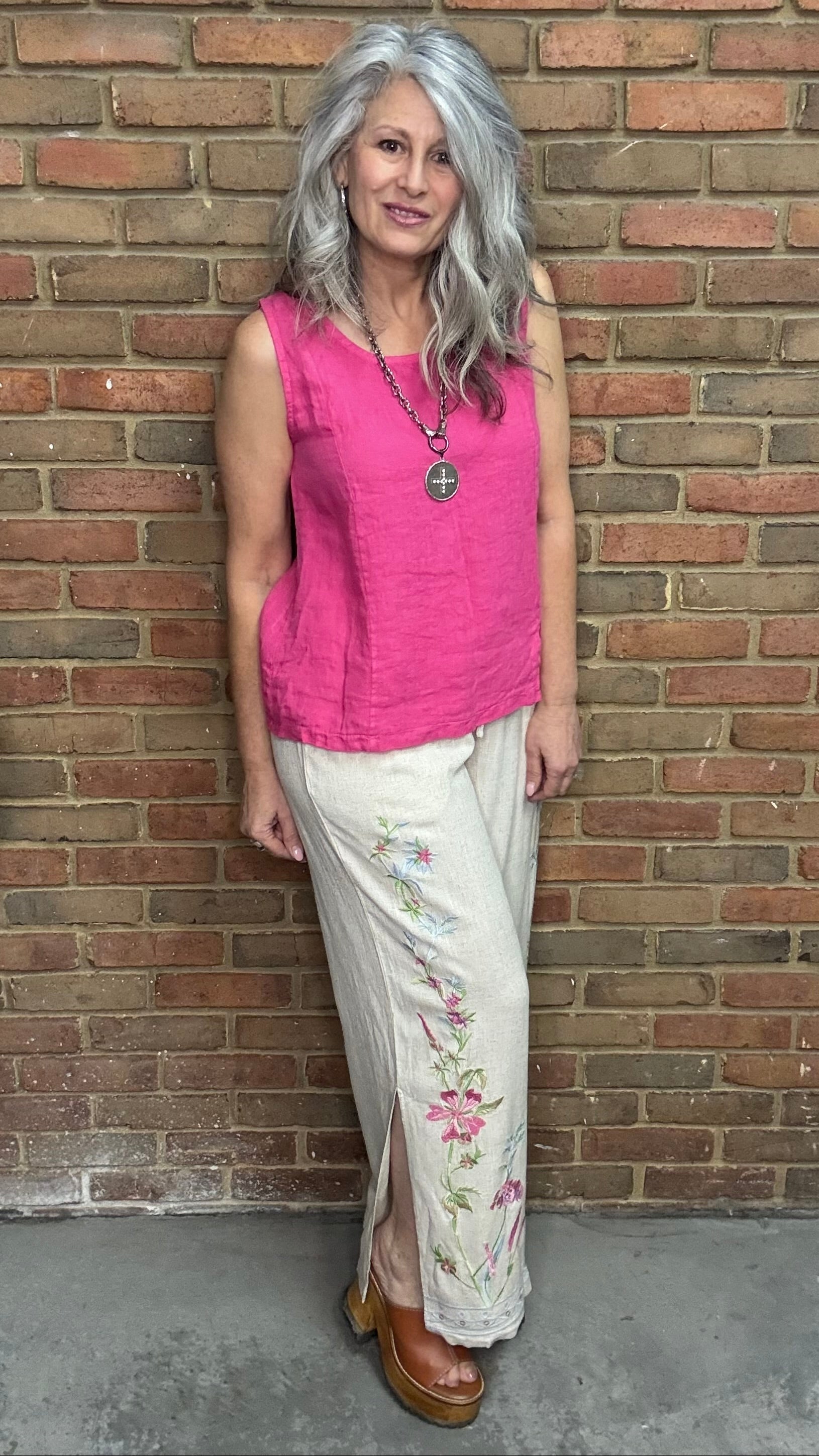 Linen Embroidery Split Leg Pant