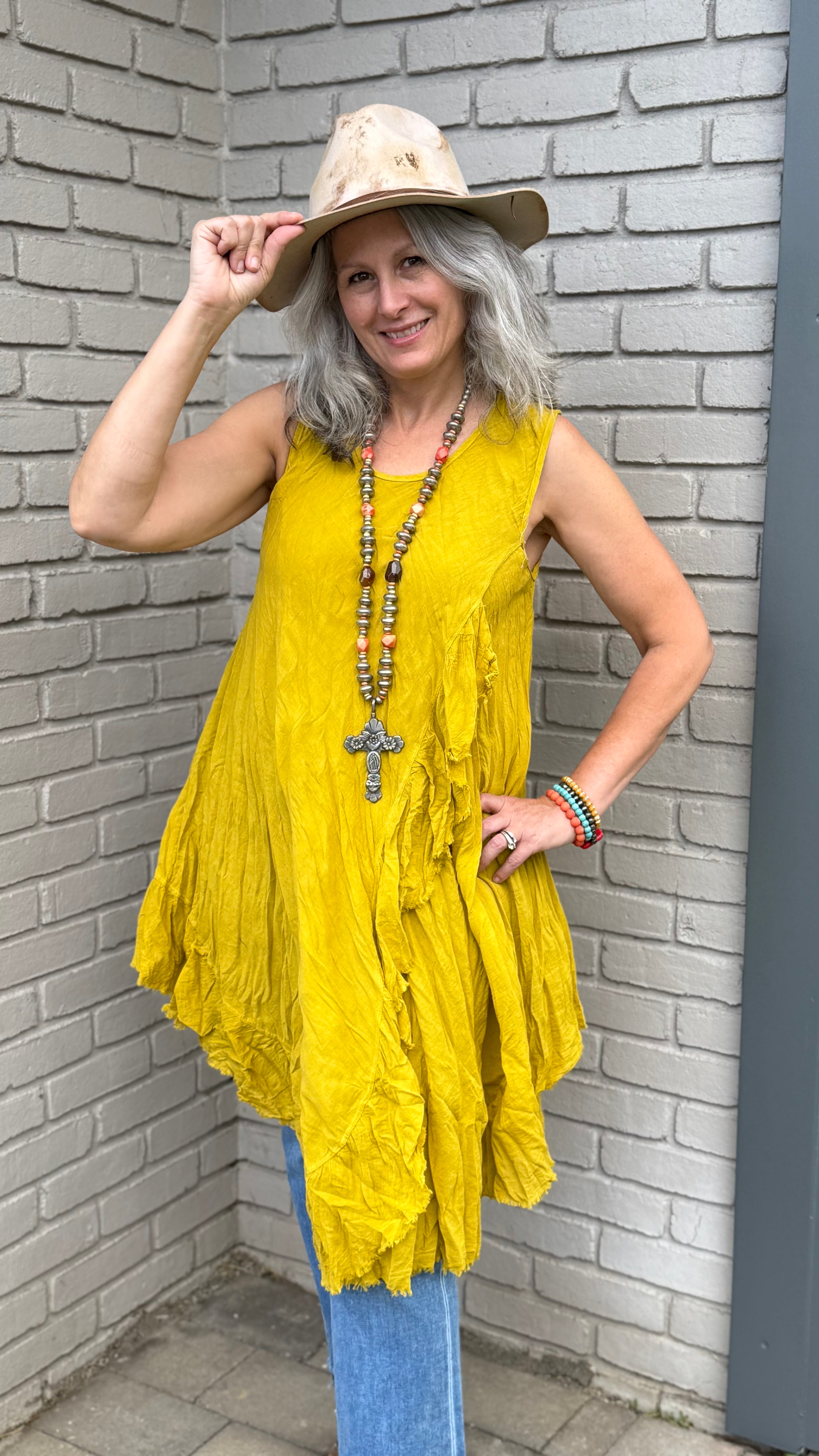 Cotton Open Slit Mustard Dress