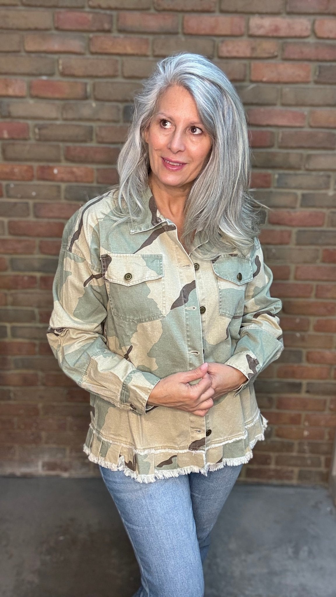 Camo Ruffle Hem Peace Jacket - Vintage Vault Boutique