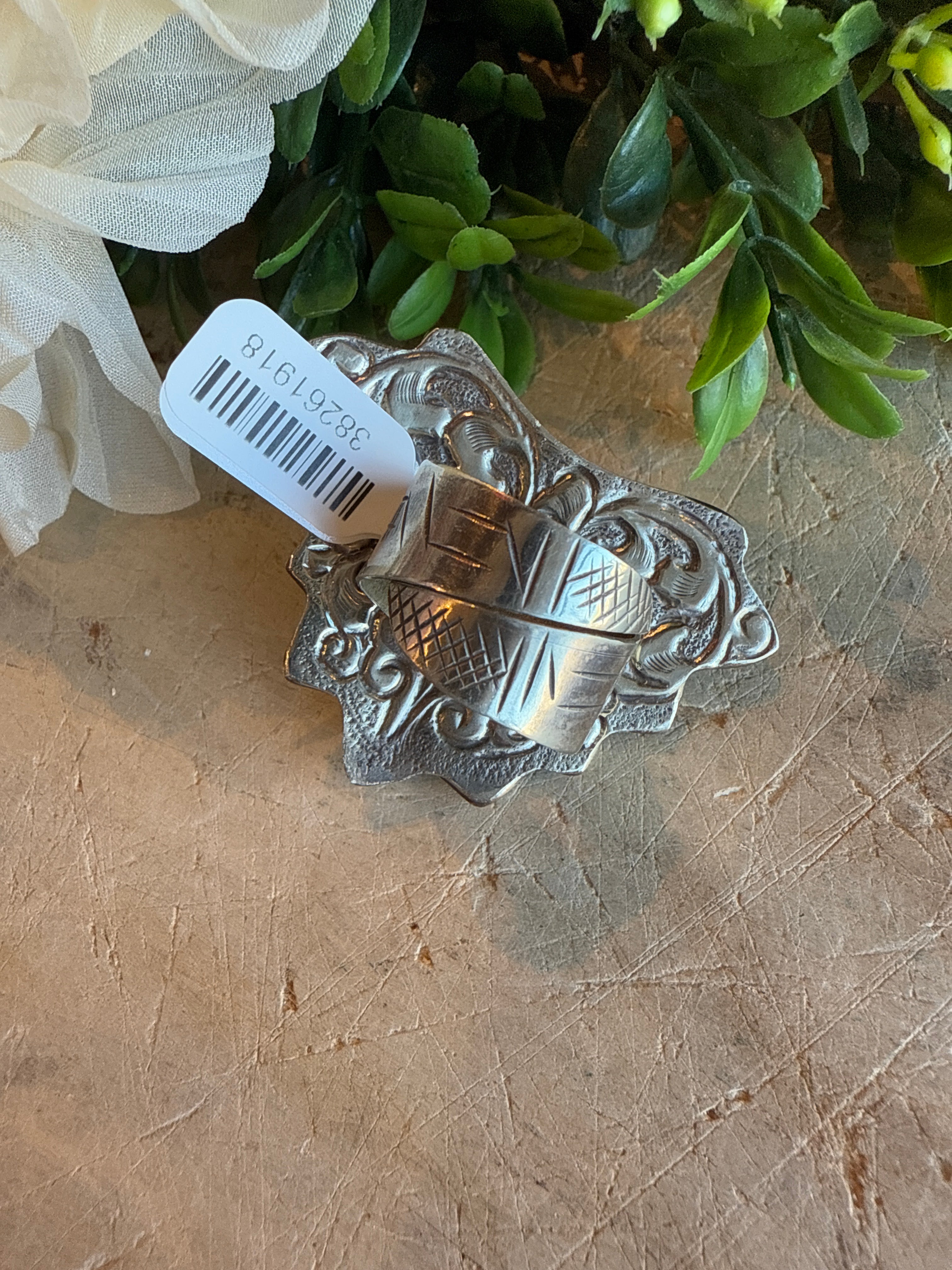 Mother of Pearl Bee Ring Displayed on solid background