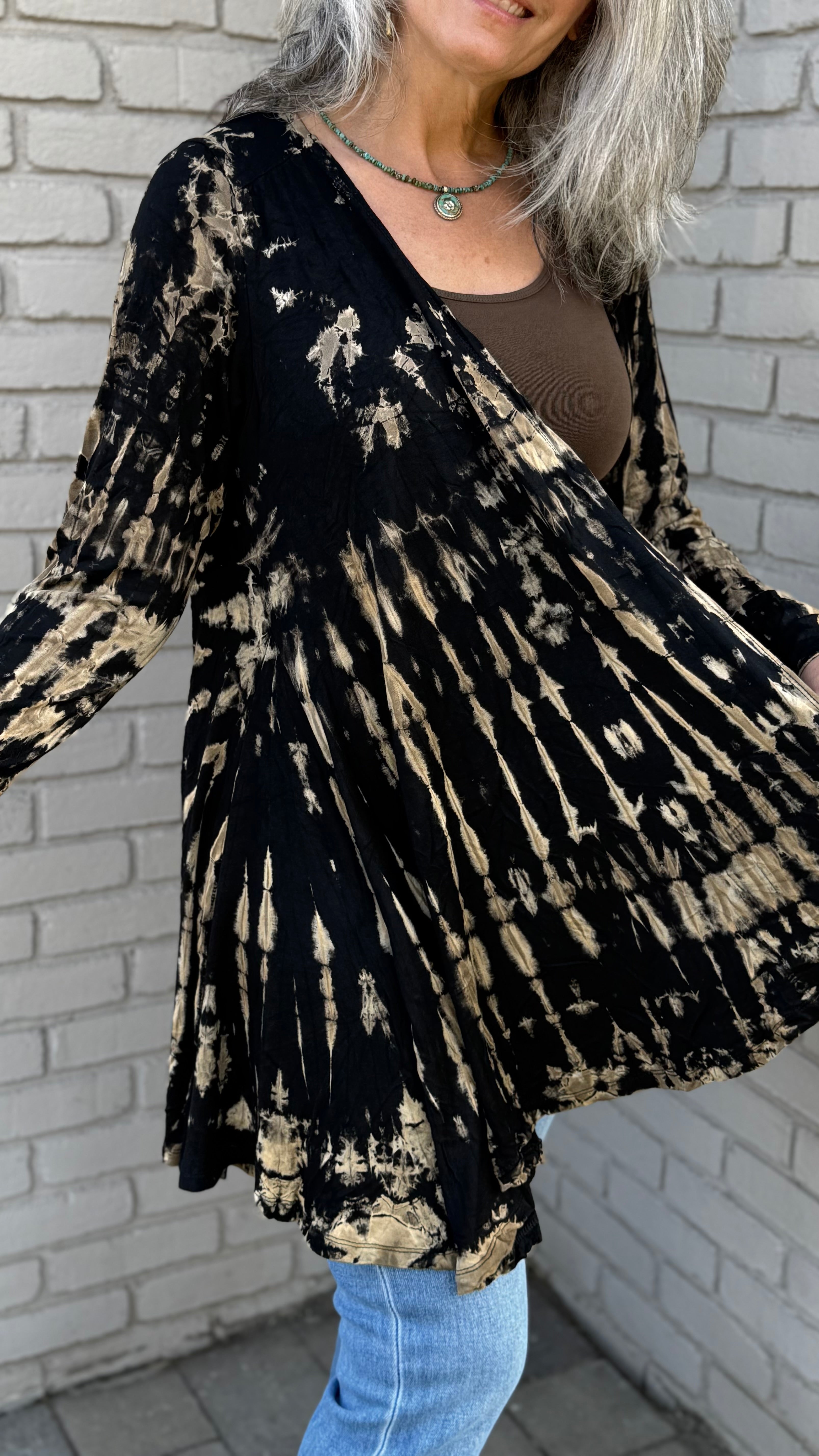 Black and Beige Tie-Dye Knit Cardigan