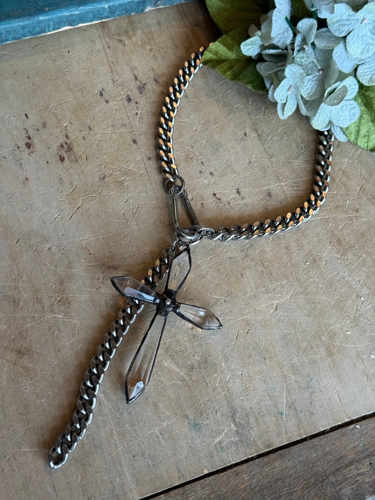 Large Crystal Cross on Curb Chain Necklace - Vintage Vault Boutique