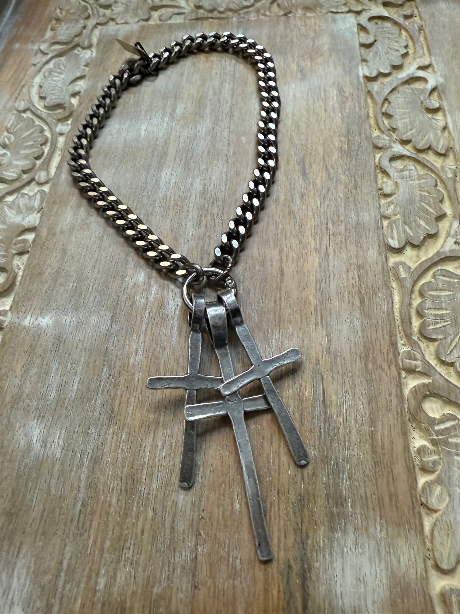 Triple Cross on Curb Chain Necklace