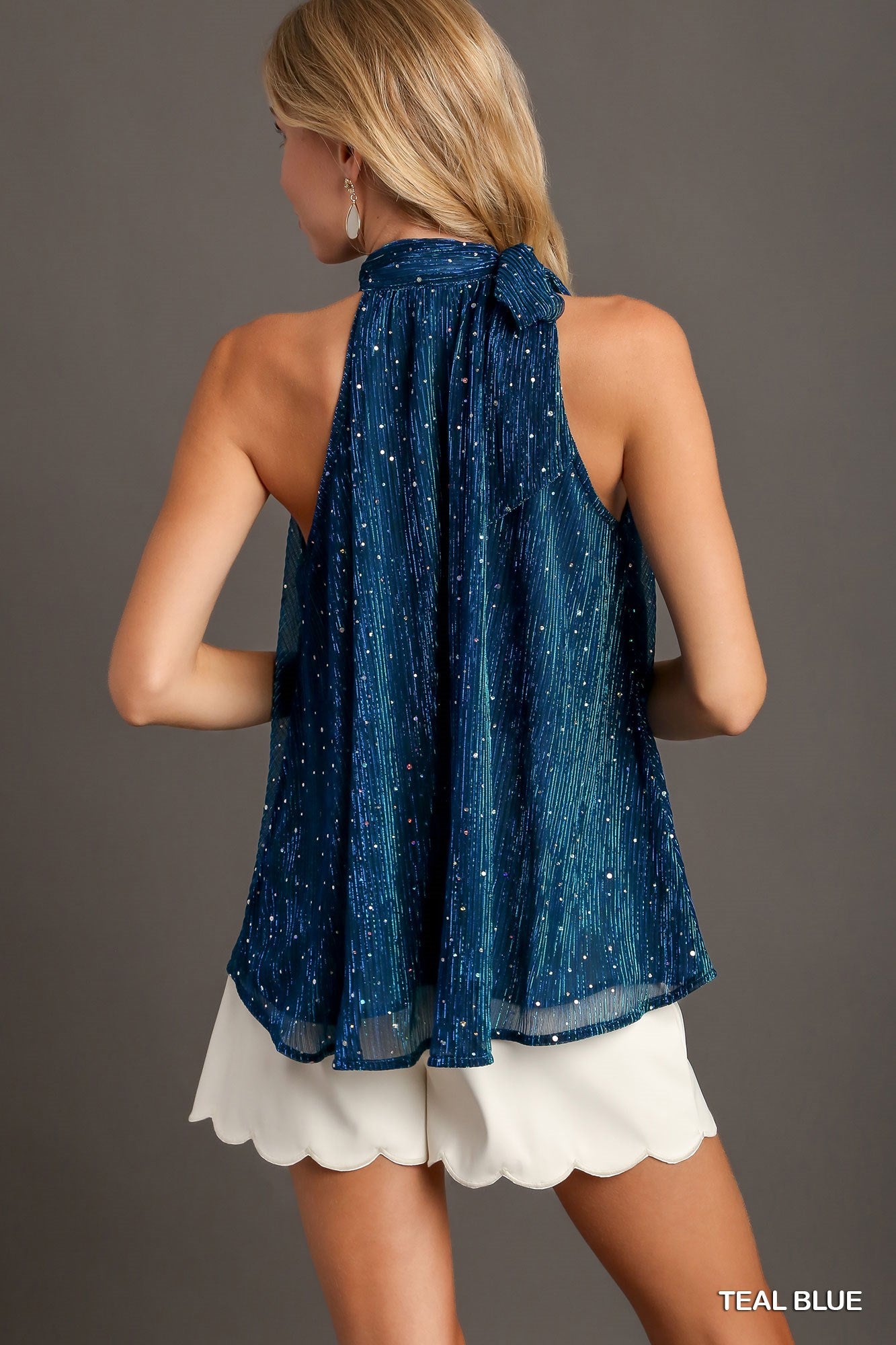 Shimmer Tie Neck Top - Teal Blue