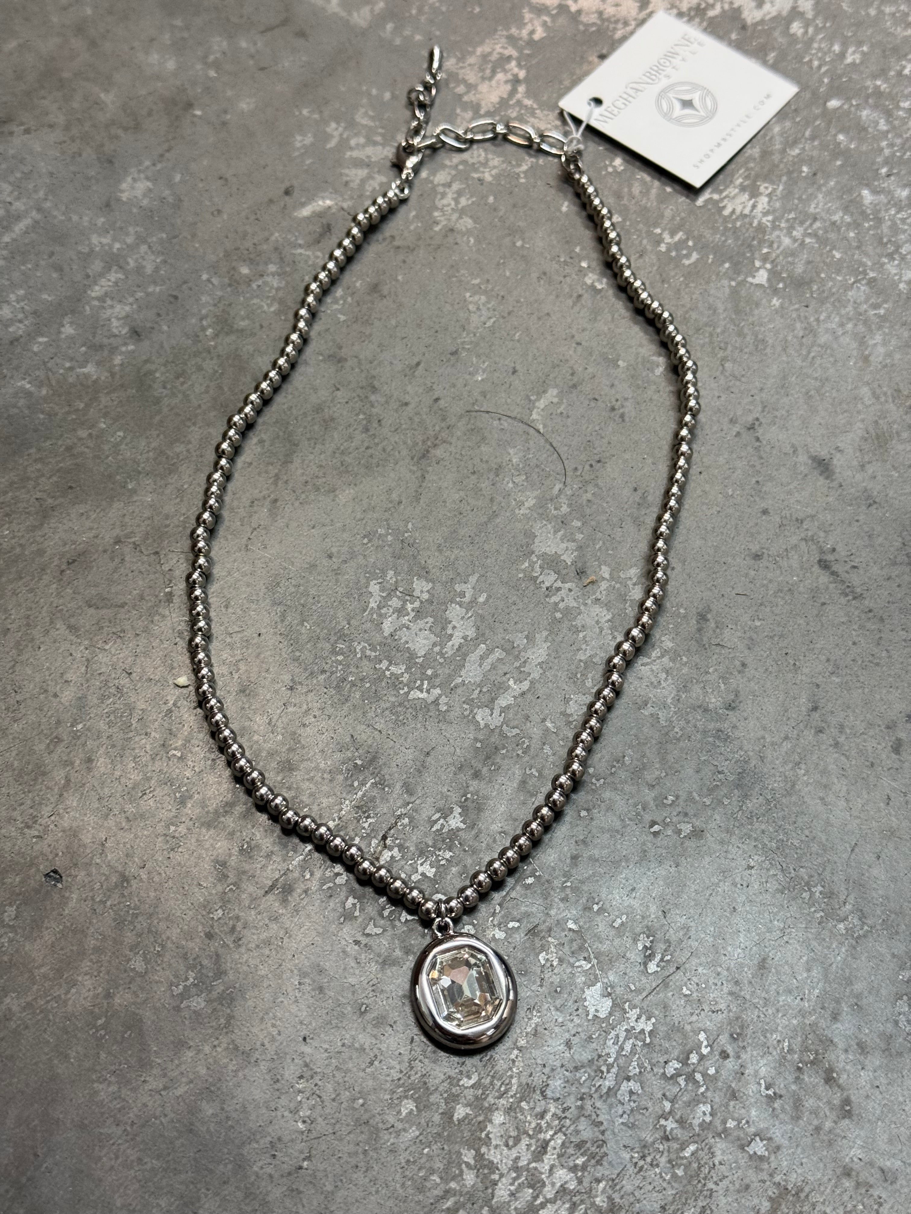 Silver Crystal Pendant on Silver Beaded Necklace