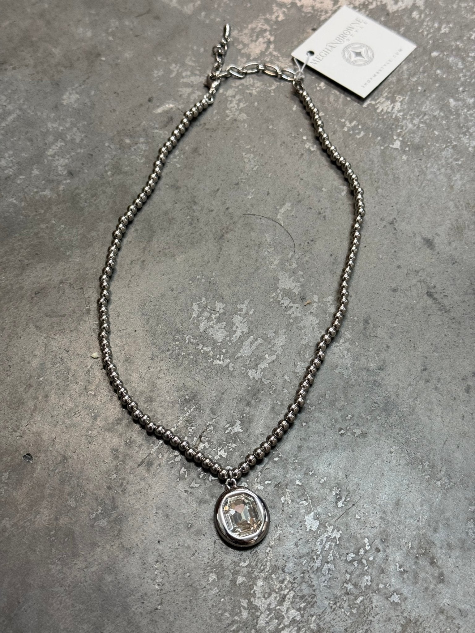 Silver Crystal Pendant on Silver Beaded Necklace - Vintage Vault Boutique