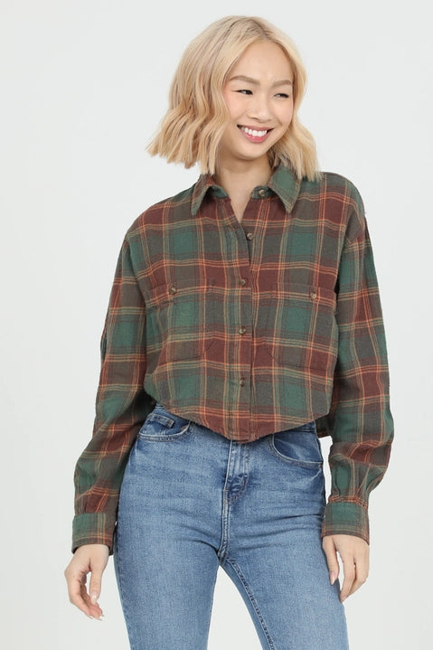 Green Plaid Crop Flannel Top