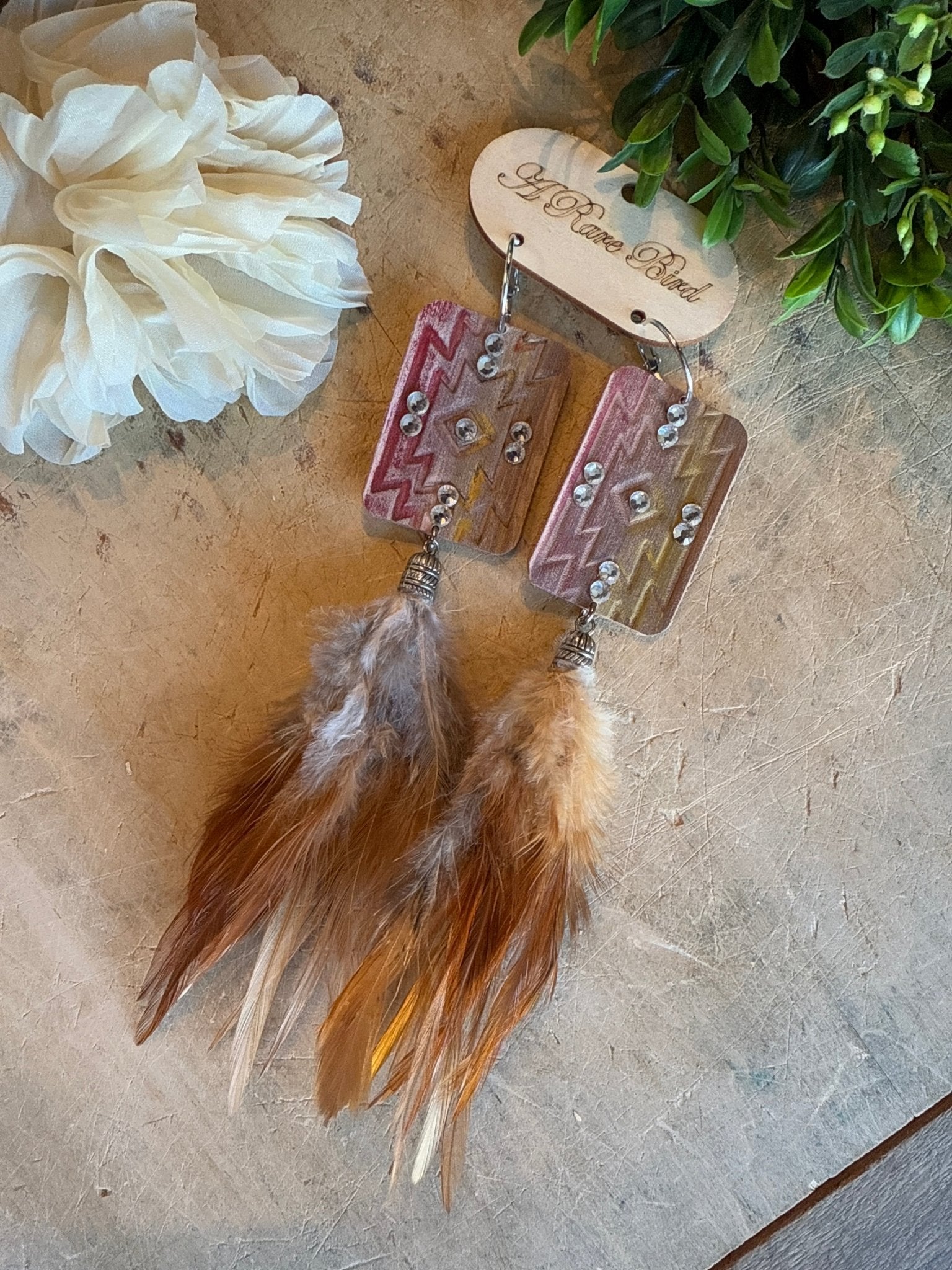 Aztec Leather Feather Earrings - Vintage Vault Boutique