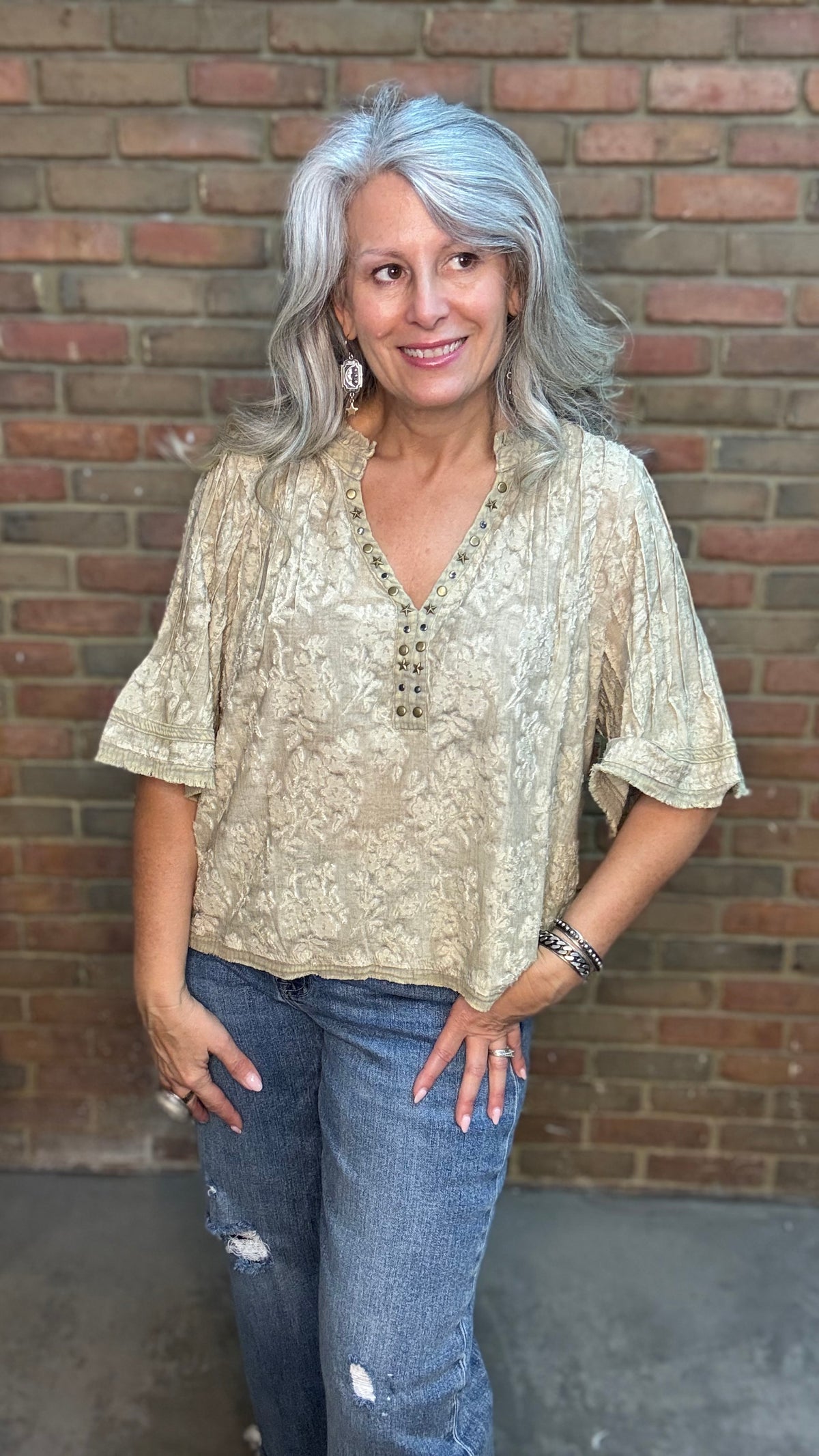 Vintage Metallic Stud V-Neck Top
