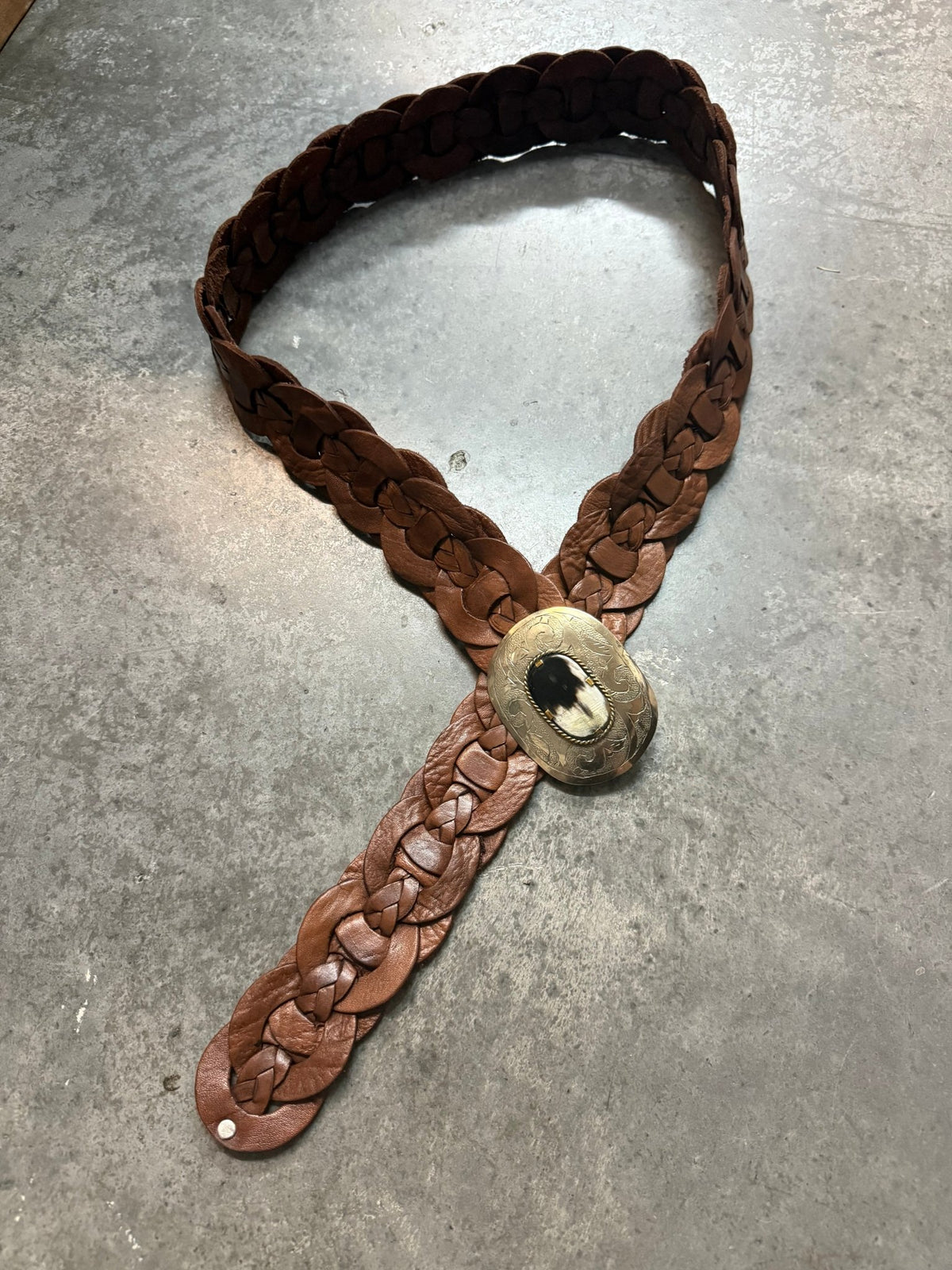 Brown Woven Belt with Oval Shell Accent Buckle - Vintage Vault Boutique