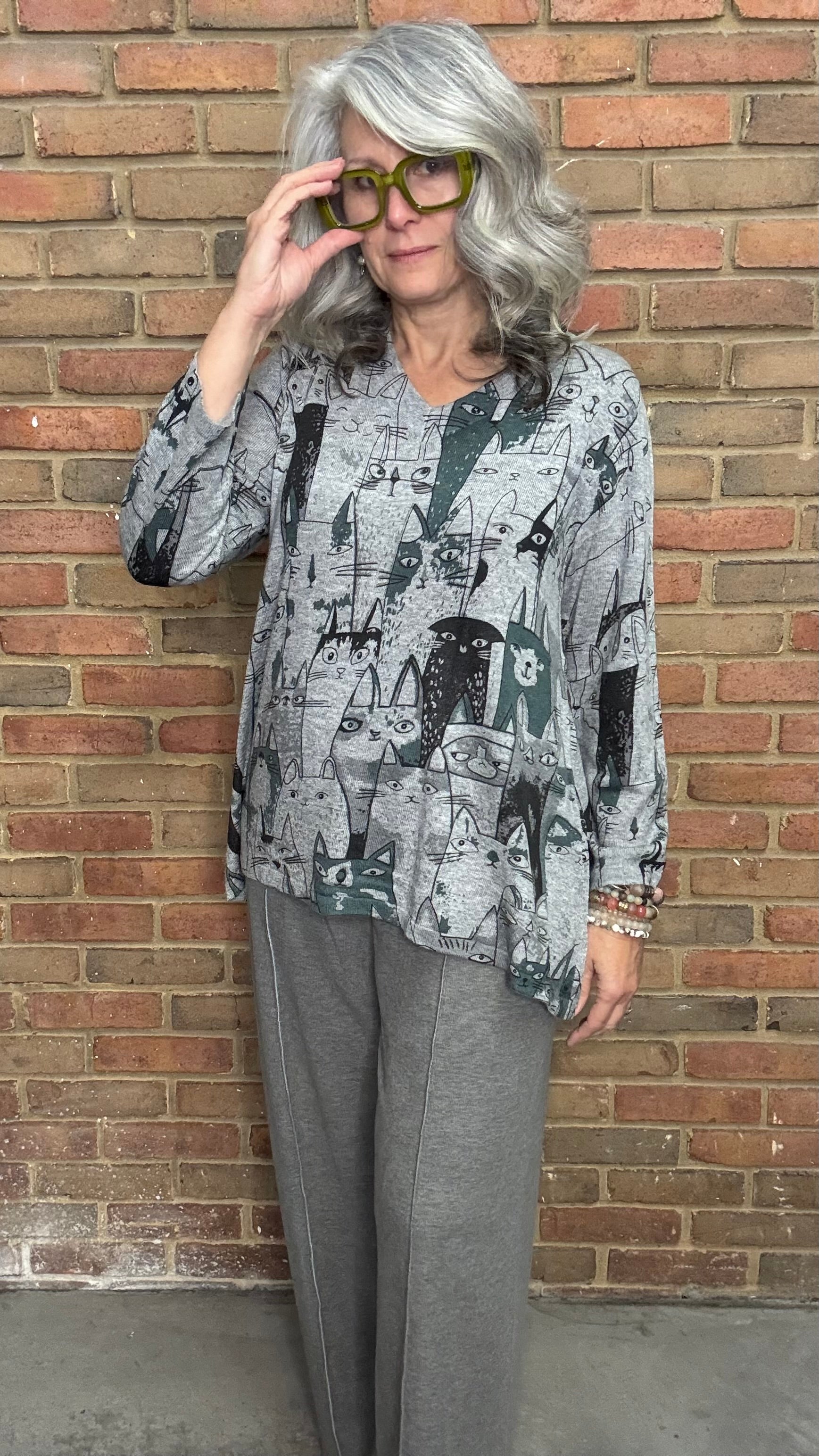 Cat Printed V-Neck Sweater