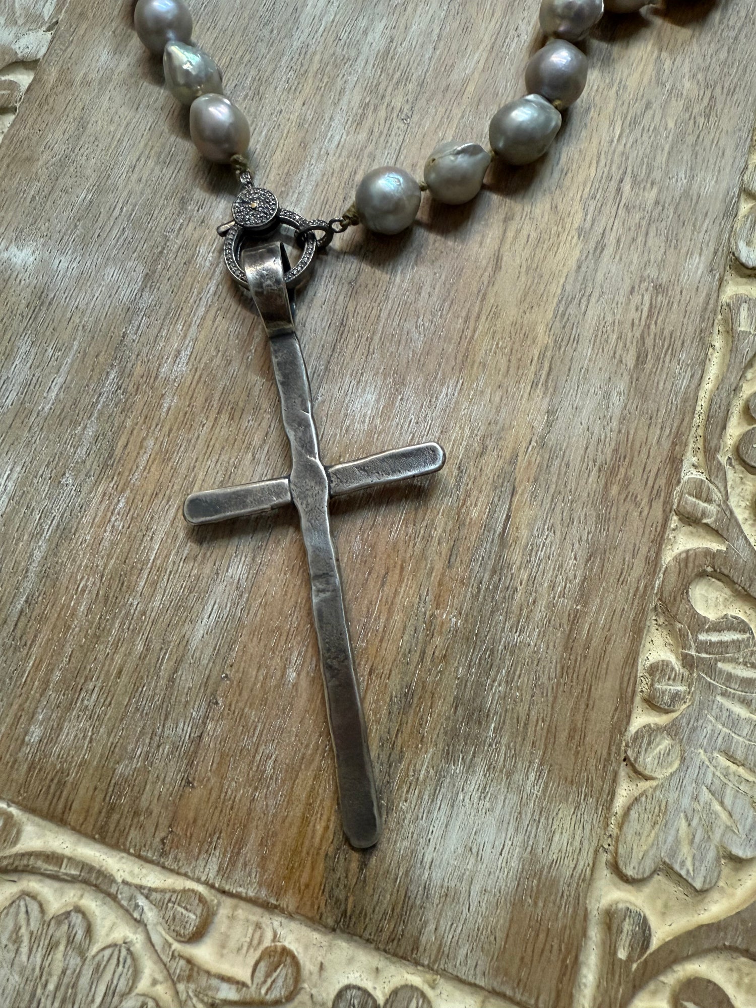 Large Silver Cross on Pearls Necklace