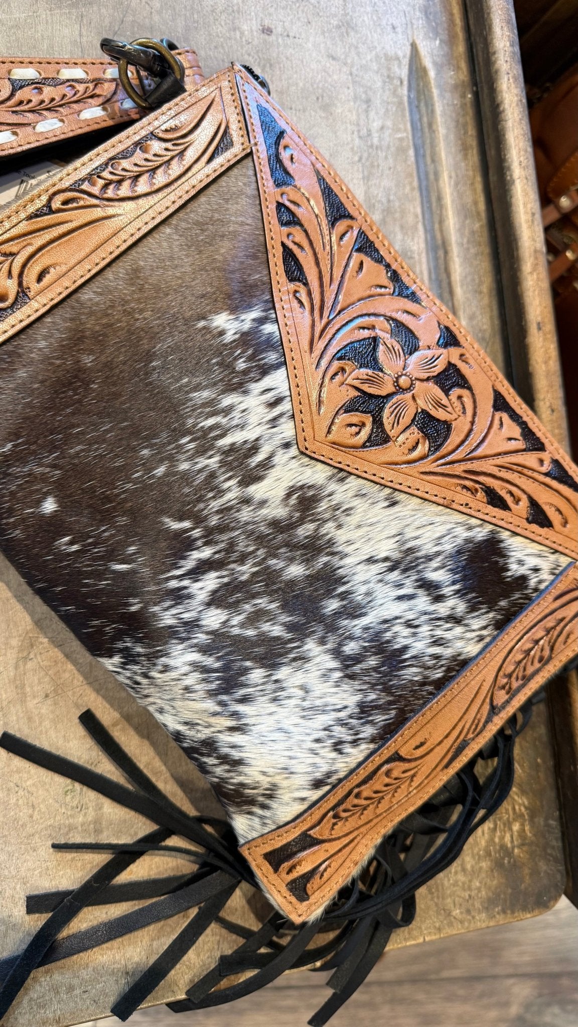 Hide Tooled Leather Clutch with Fringe - Vintage Vault Boutique