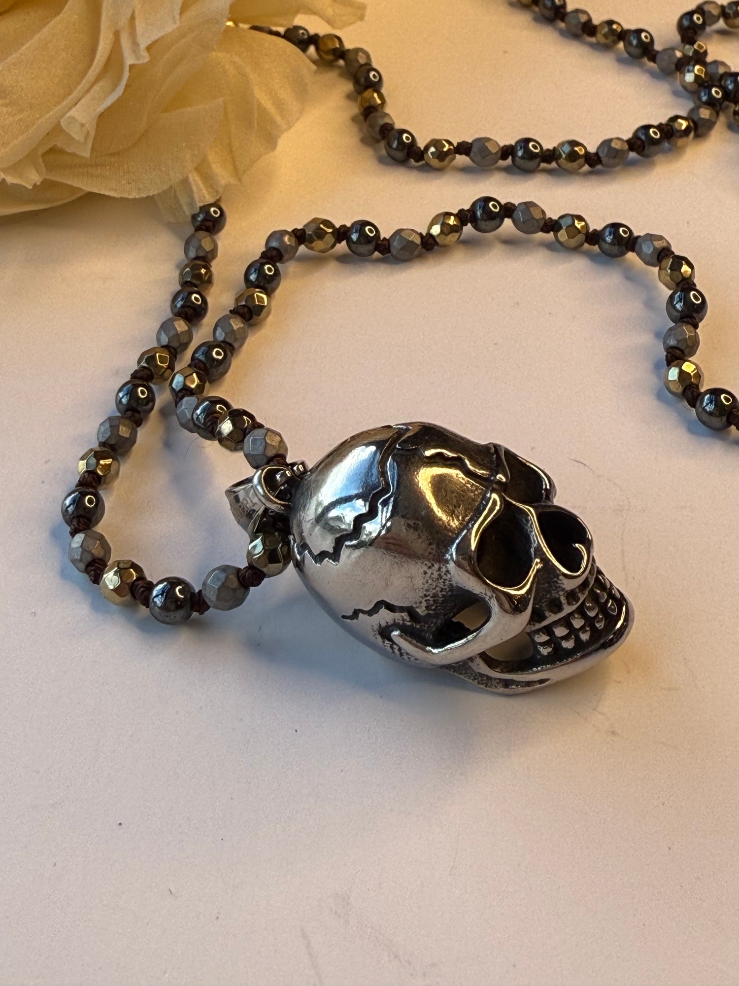 3D Skull on Metallic Beaded Necklace