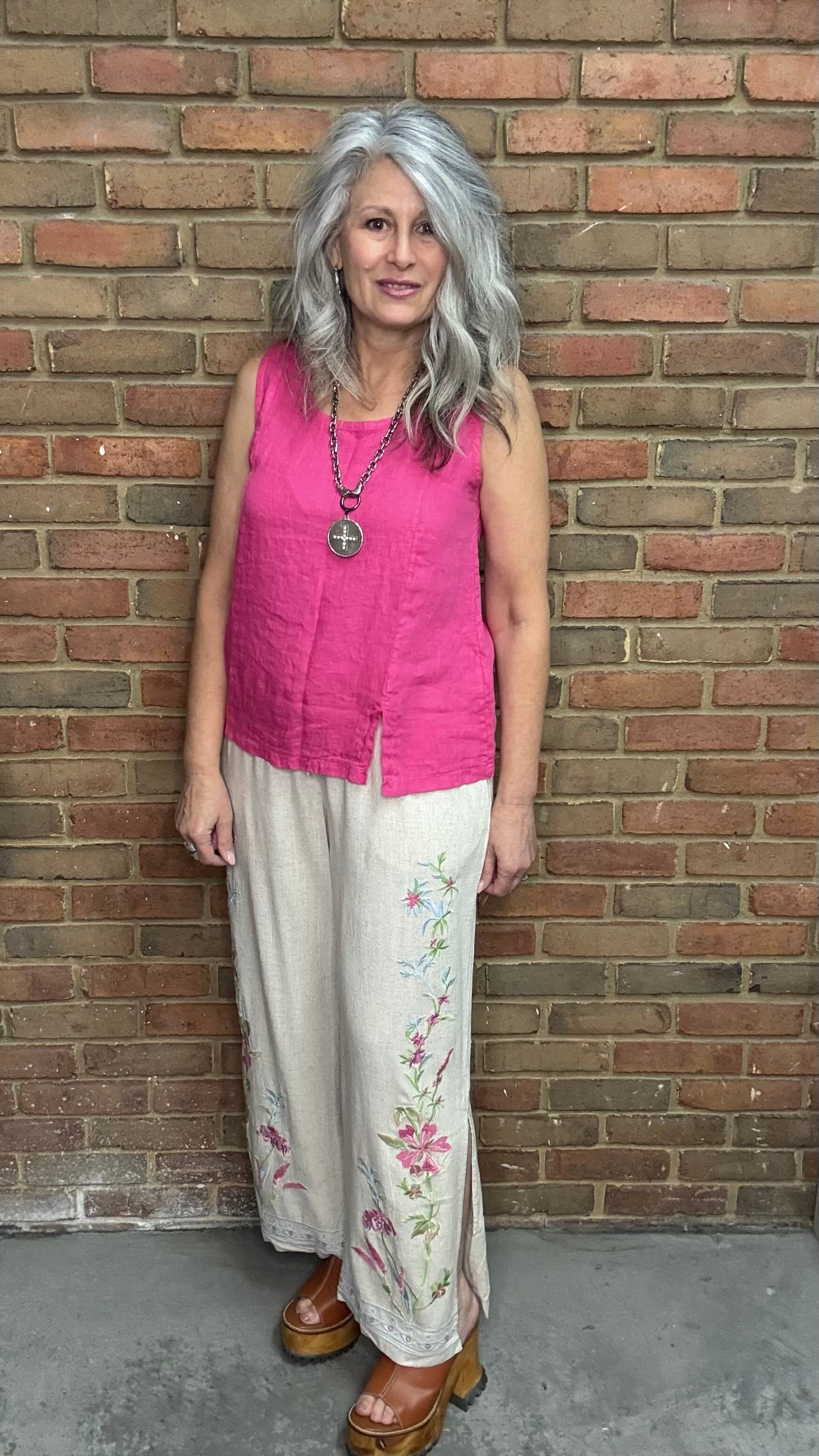 Linen Embroidery Split Leg Pant