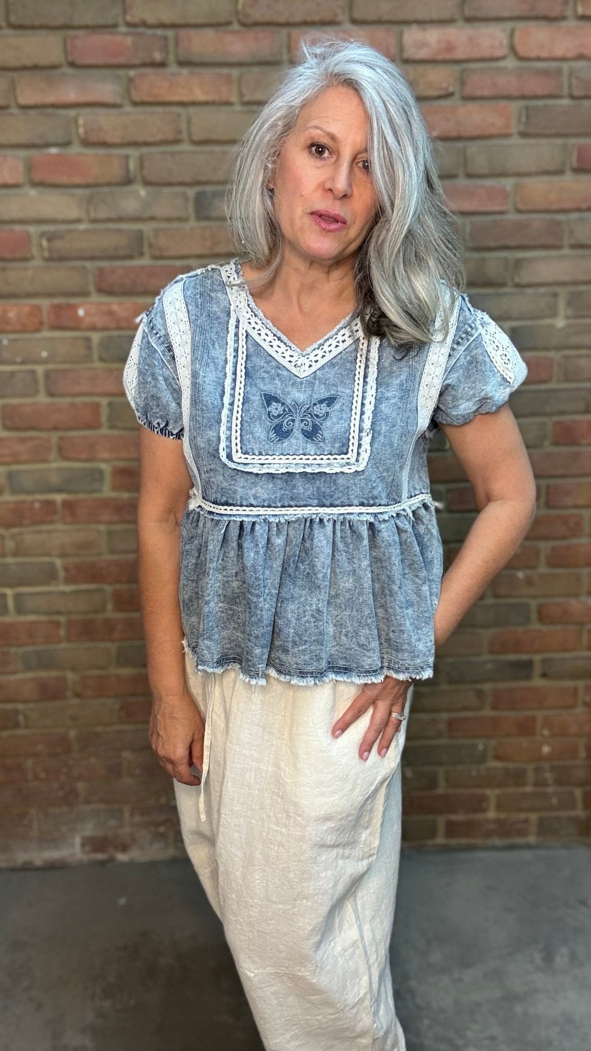 Denim Butterfly Baby Doll Top - Vintage Vault Boutique