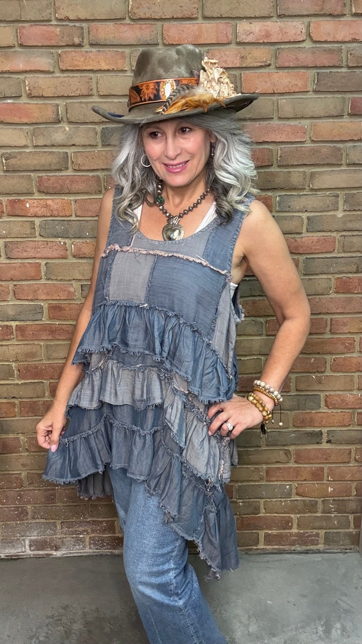 Patchwork Skies Ruffle Tank - Vintage Vault Boutique