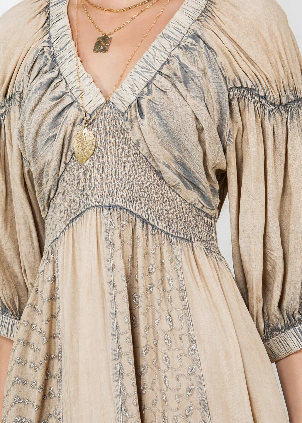 Sheared and Elasticated V-Neck Dress