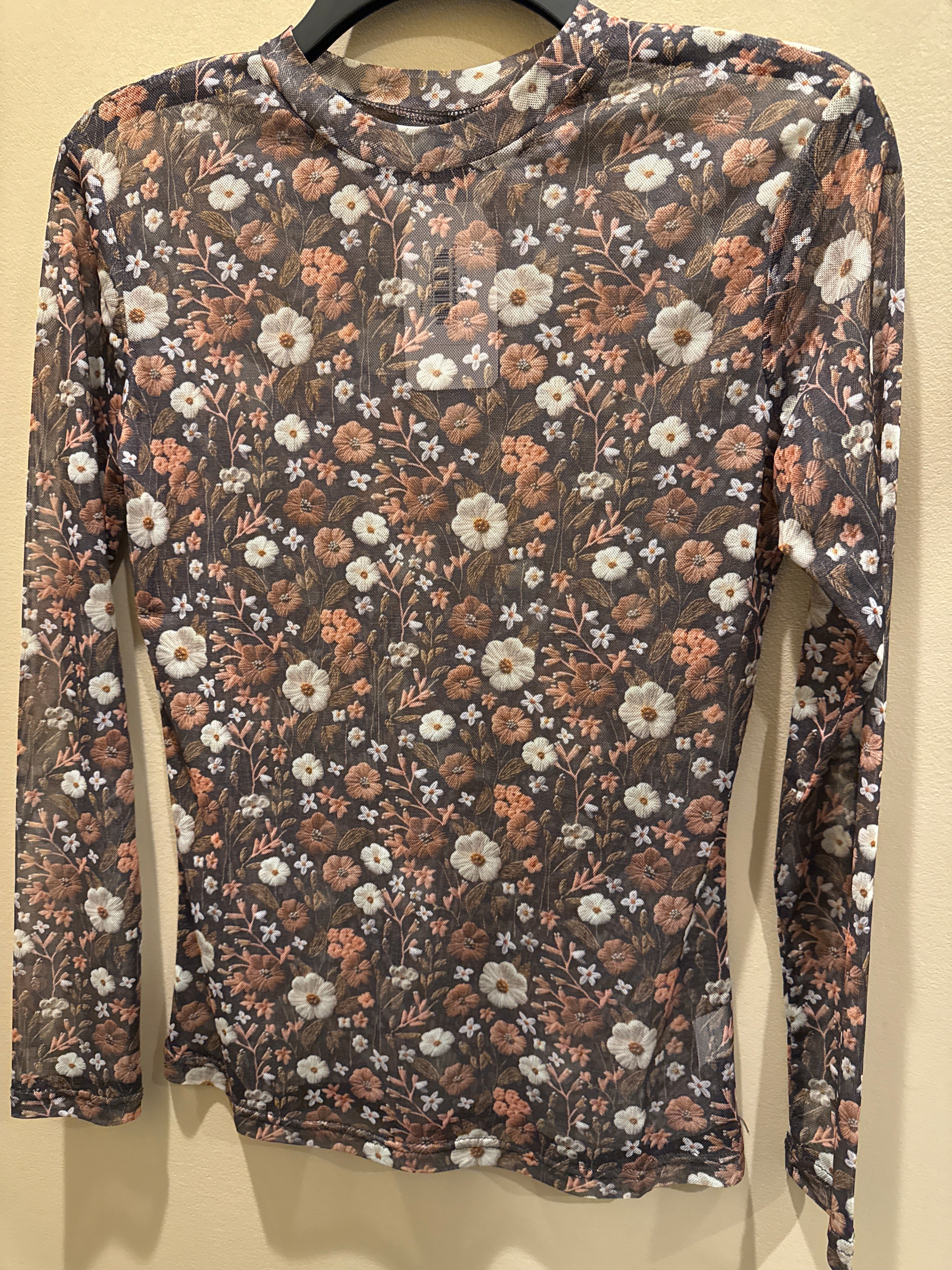 Brown Floral Mesh Top