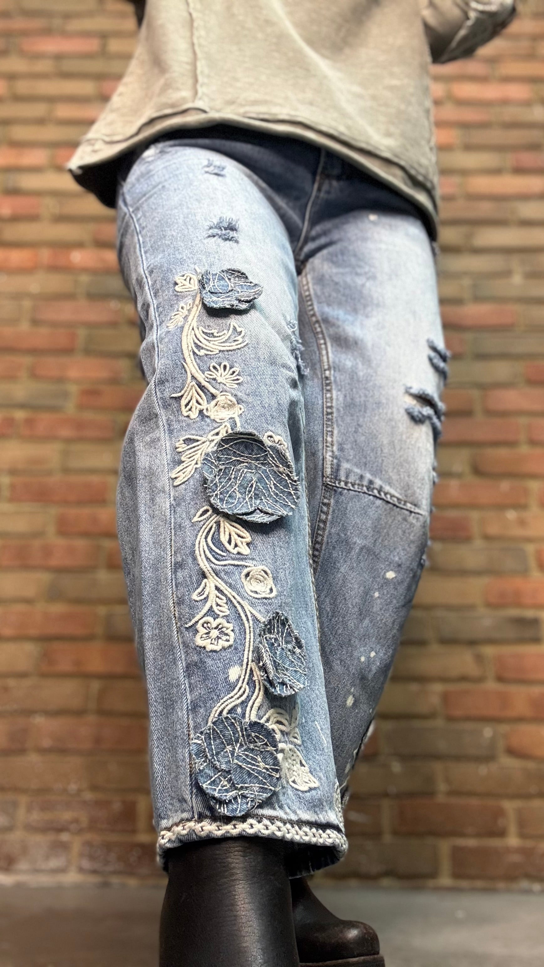 Woman wearing Olive Embellished Sleeve Top and Floral Embroidered Relaxed Jean 1083