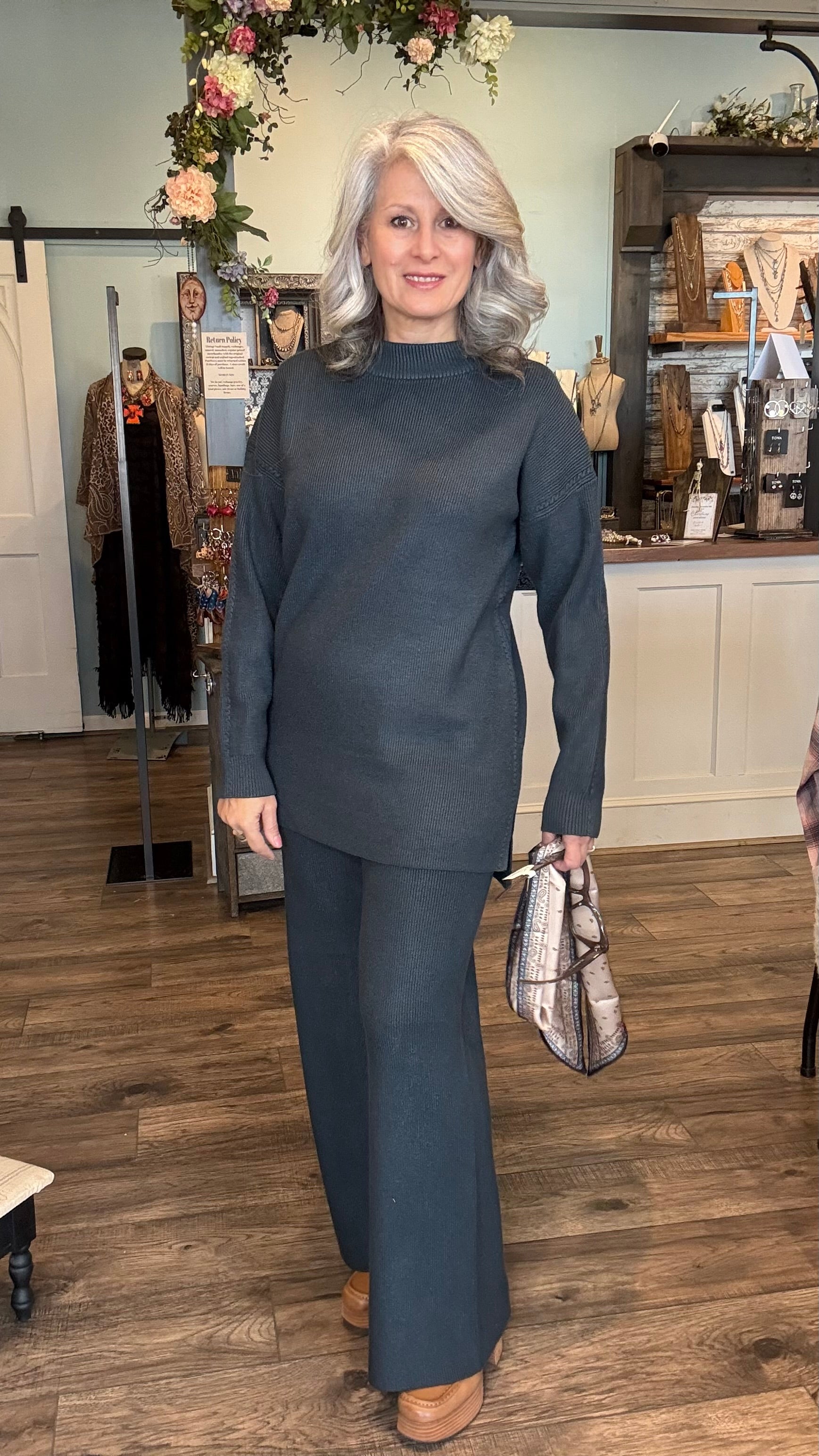 Denim Ribbed Crew Neck Sweater