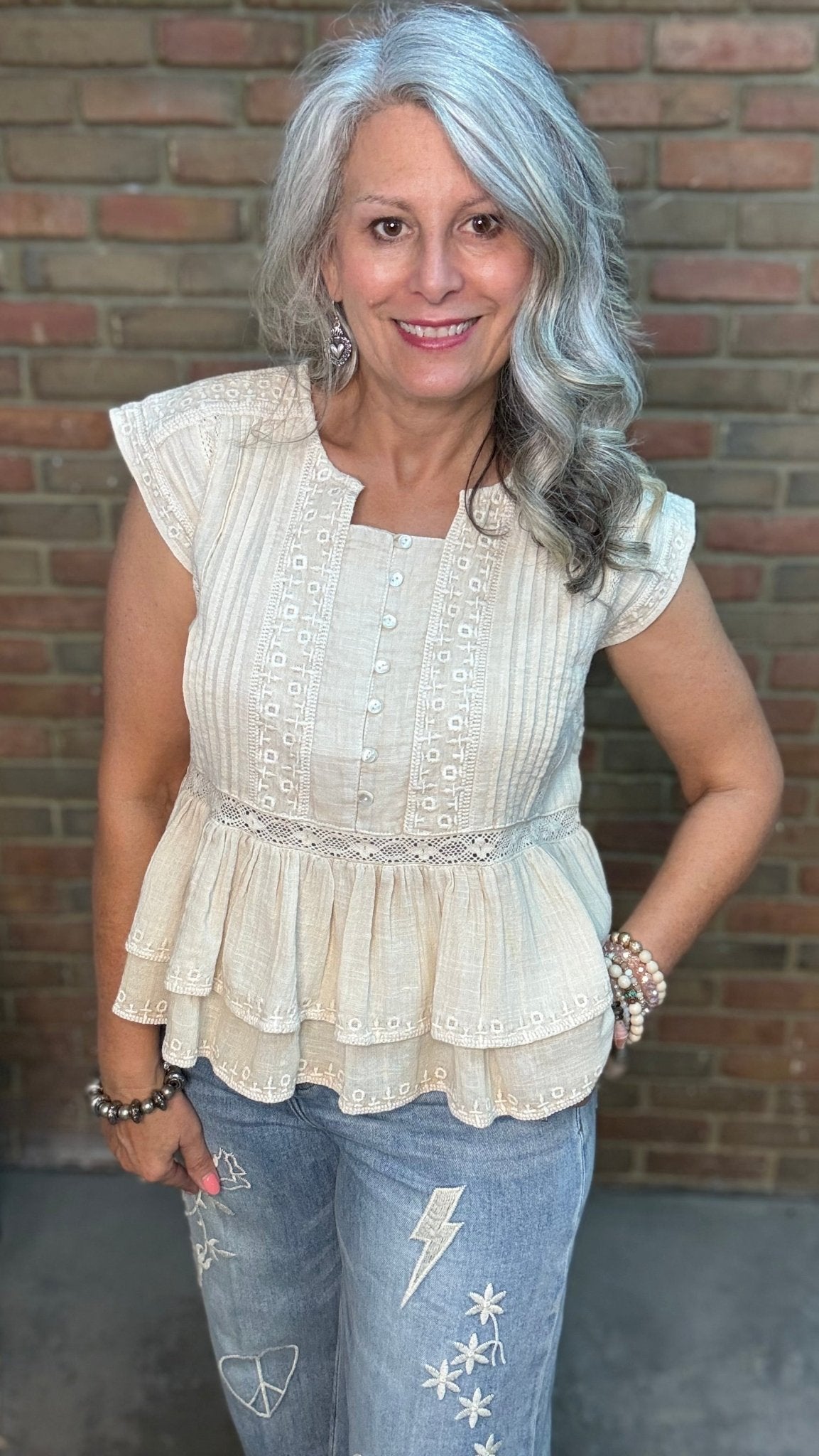Tan Pleated Eyelet Top - Vintage Vault Boutique