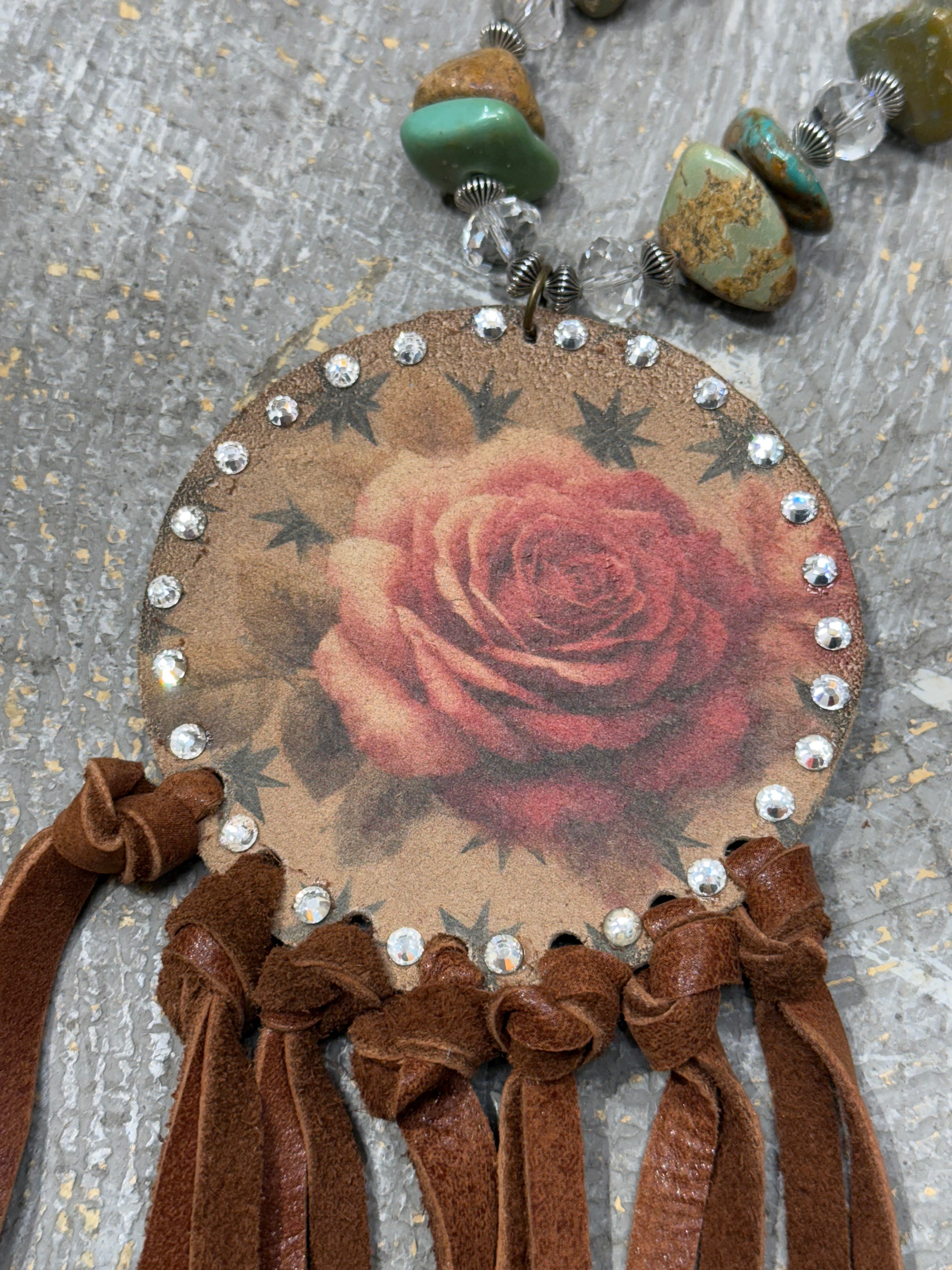 Painted Rose on Leather Necklace
