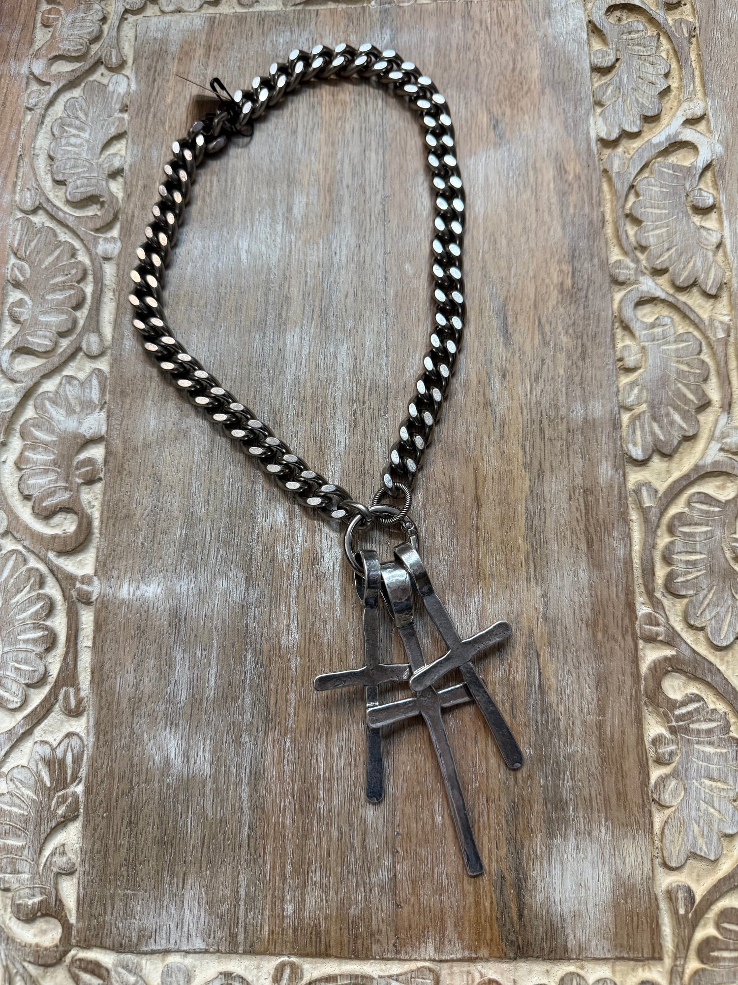 Triple Cross on Curb Chain Necklace