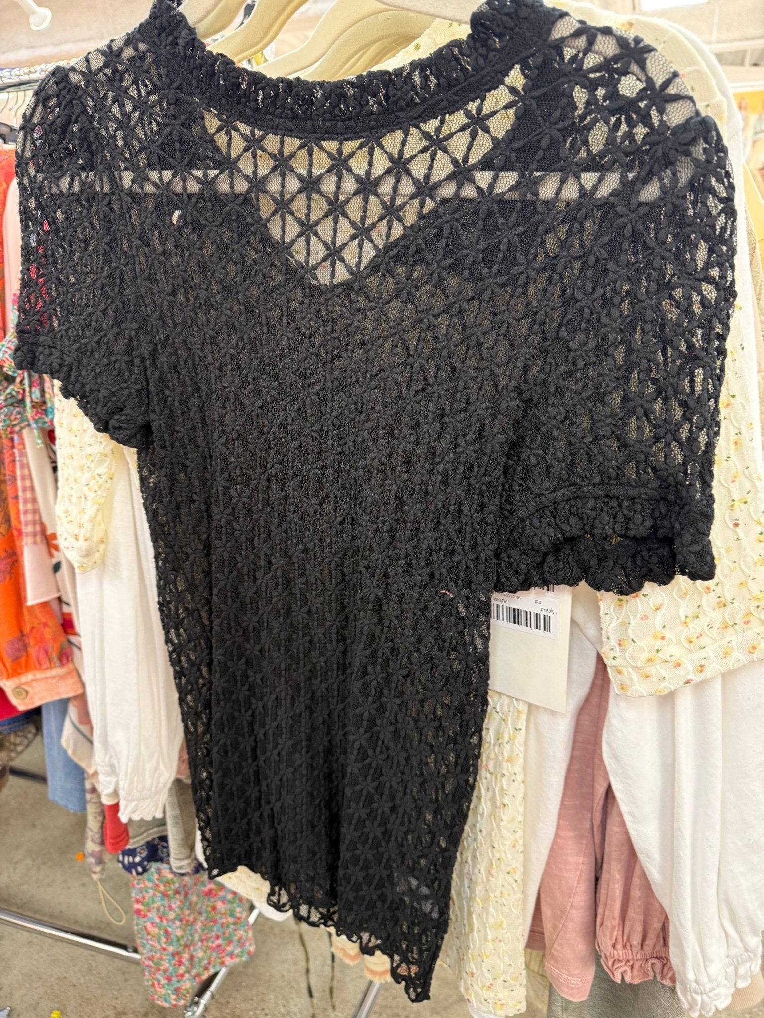Textured Black Mesh Top - Vintage Vault Boutique