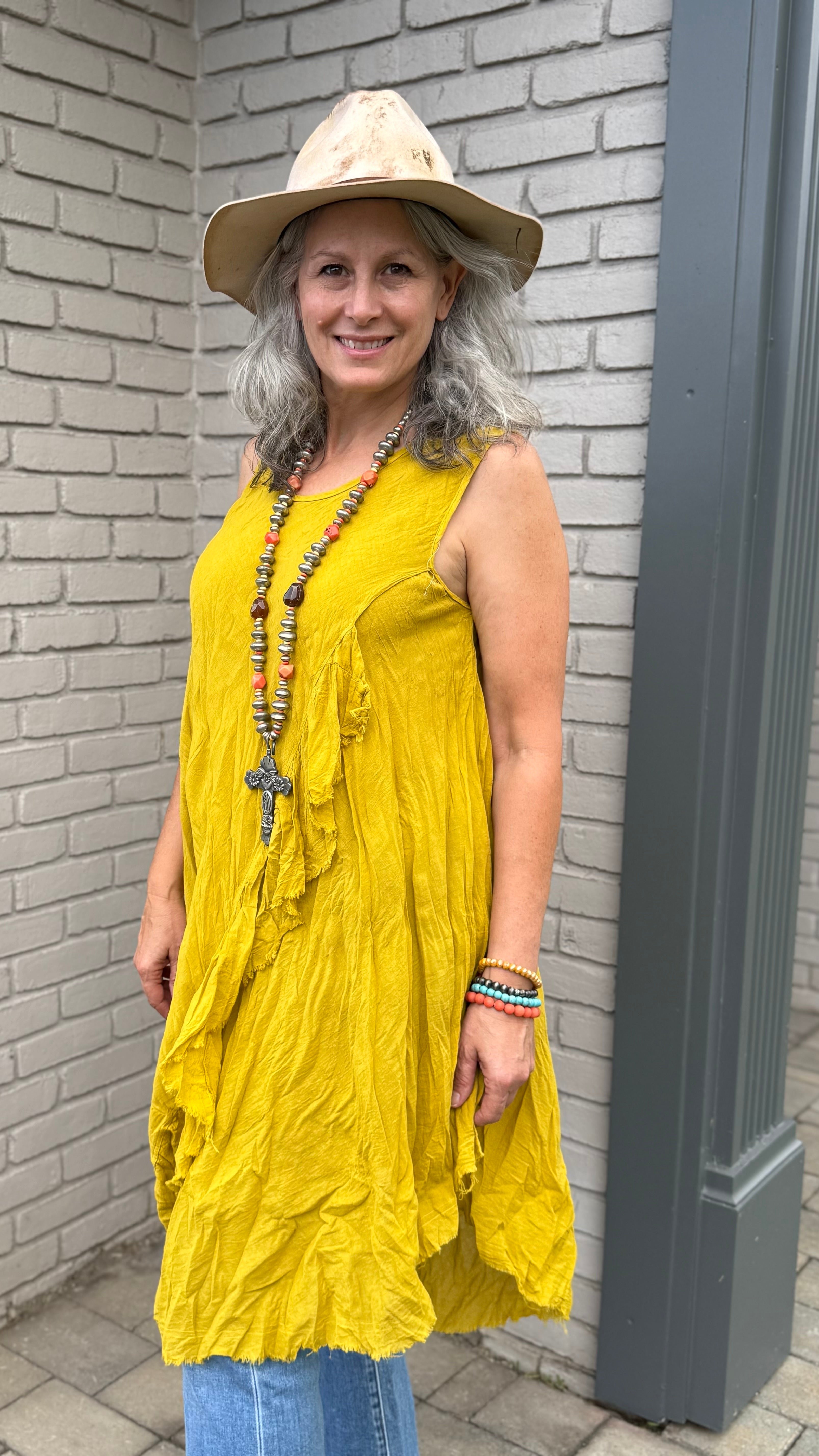 Cotton Open Slit Mustard Dress