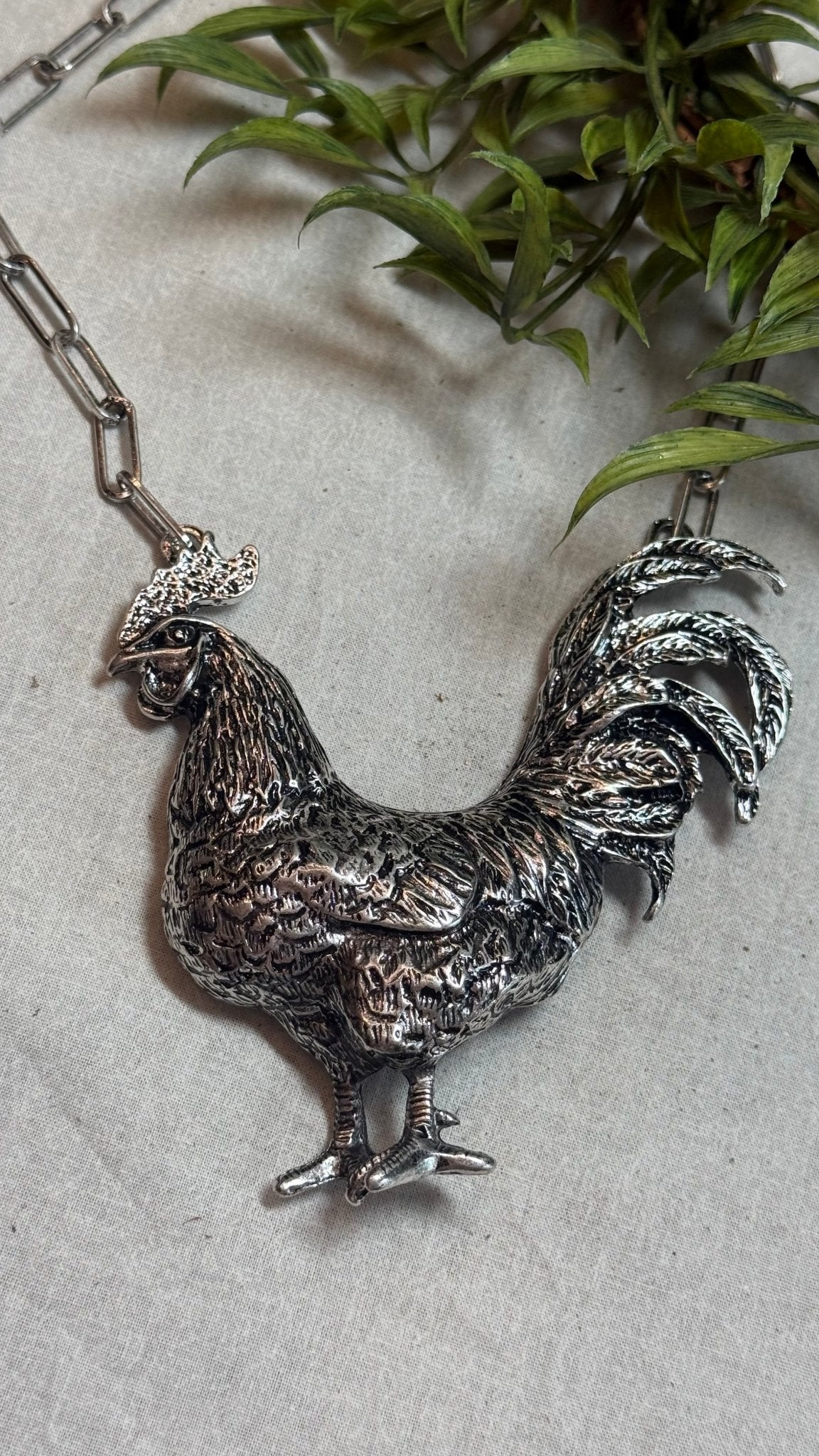 Large Silver Rooster on Paper Clip Chain Necklace - Vintage Vault Boutique