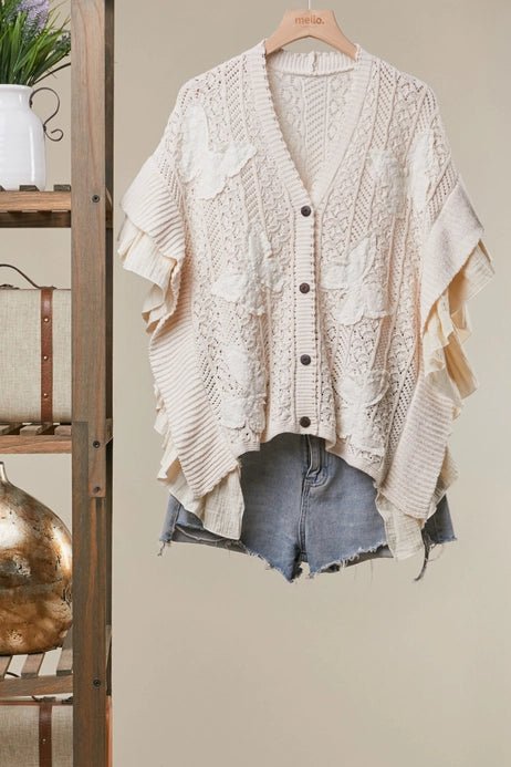 Butterfly Patch Ruffle and Lace Cardigan - Vintage Vault Boutique