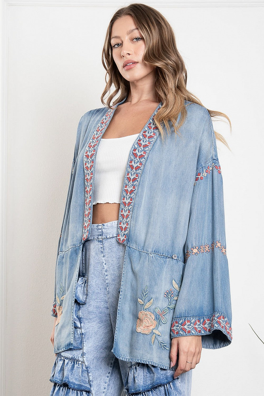 Embroidered Denim Kimono Jacket XL