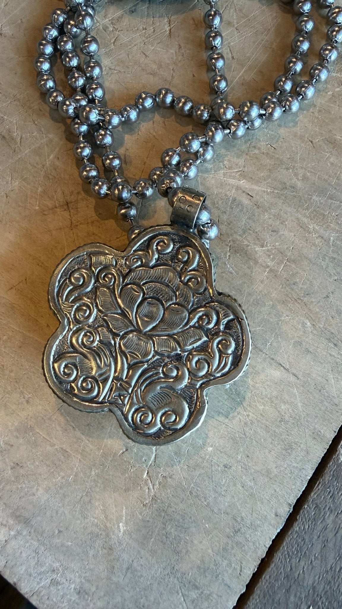 Amazonite Flower on Triple Strand Sterling Silver Ball Chain Necklace - Vintage Vault Boutique
