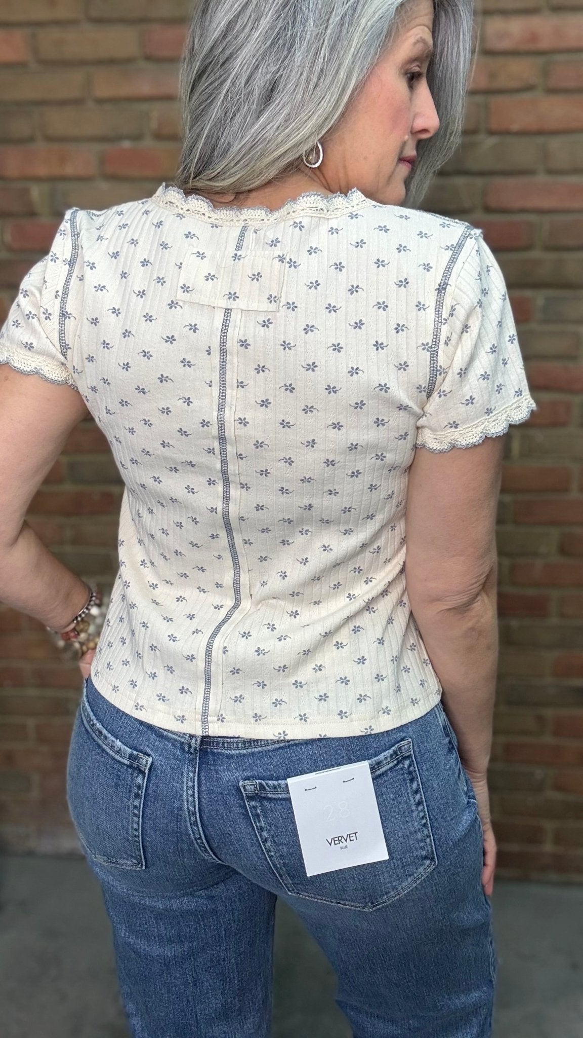 Blue Floral V - Neck Top - Vintage Vault Boutique