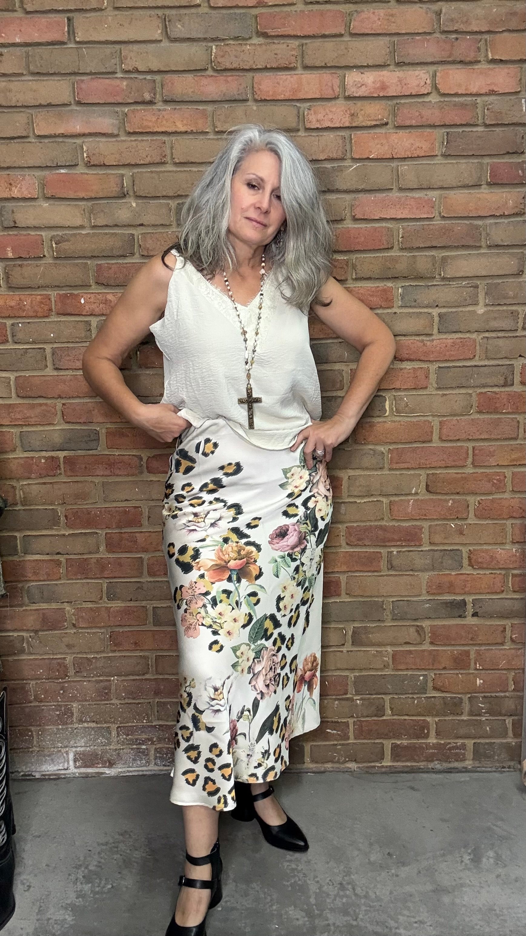 Satin Skirt with Leopard Floral Print